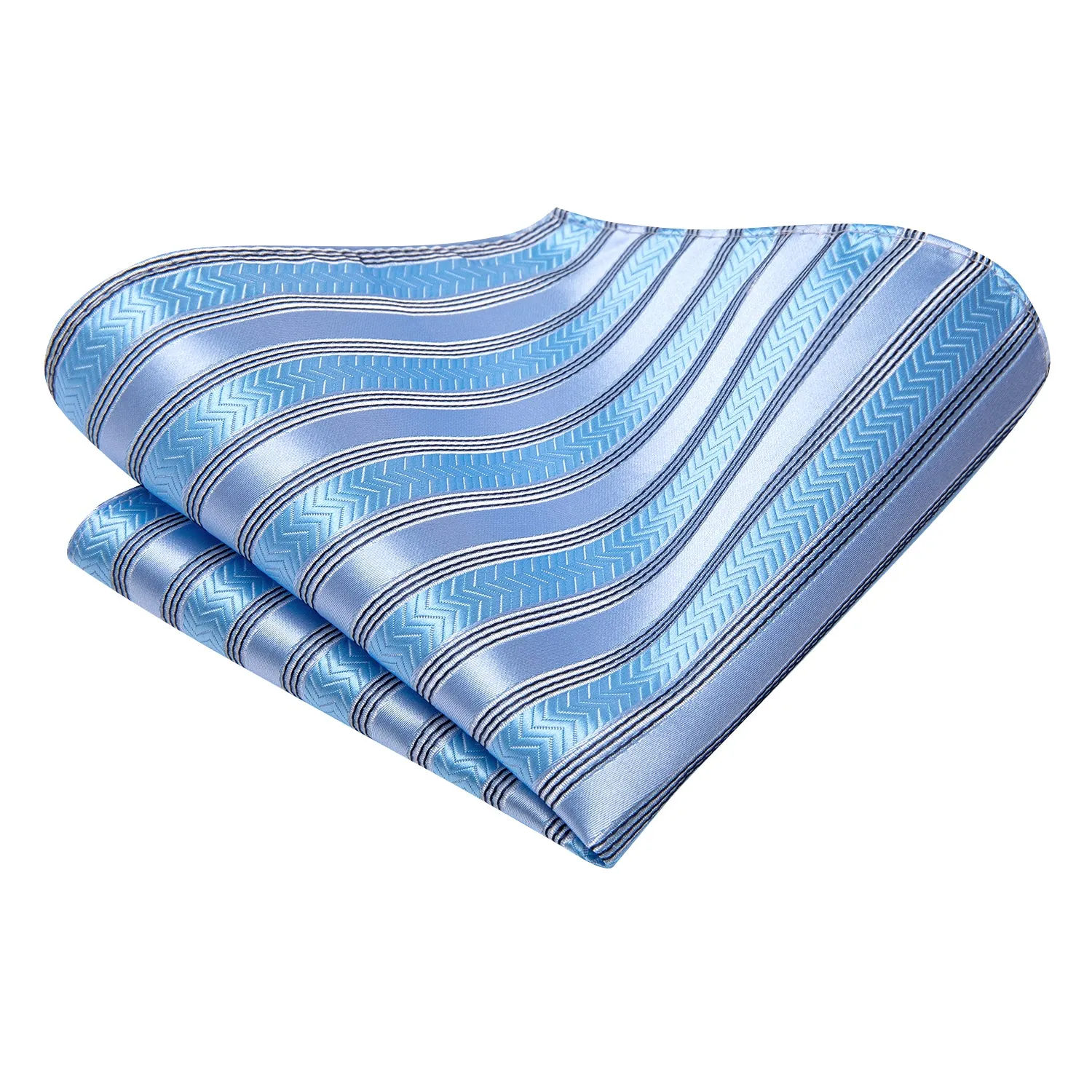 Hi-Tie Blue Tie Light Gray Stripes Necktie Pocket Square Cufflinks Set
