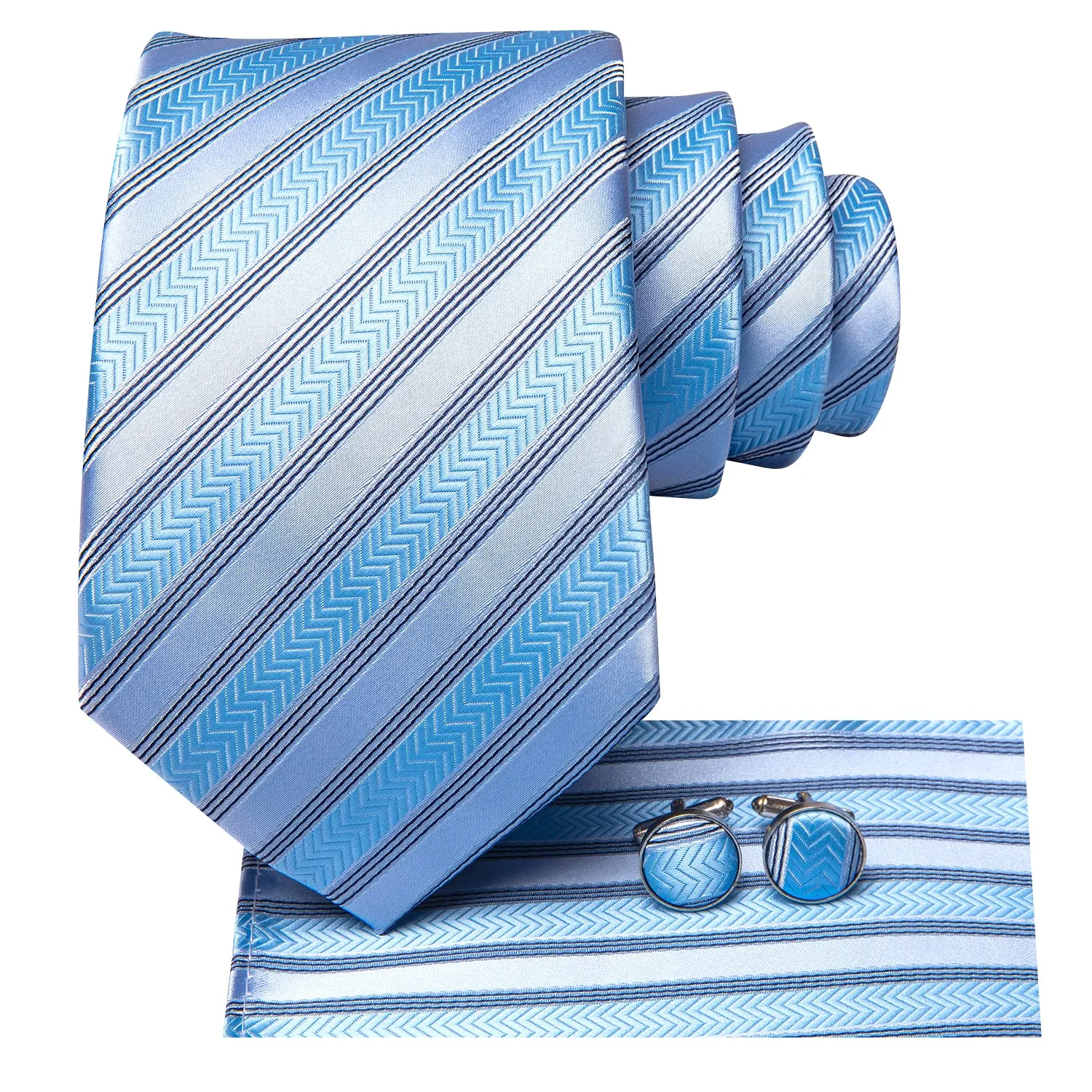 Hi-Tie Blue Tie Light Gray Stripes Necktie Pocket Square Cufflinks Set