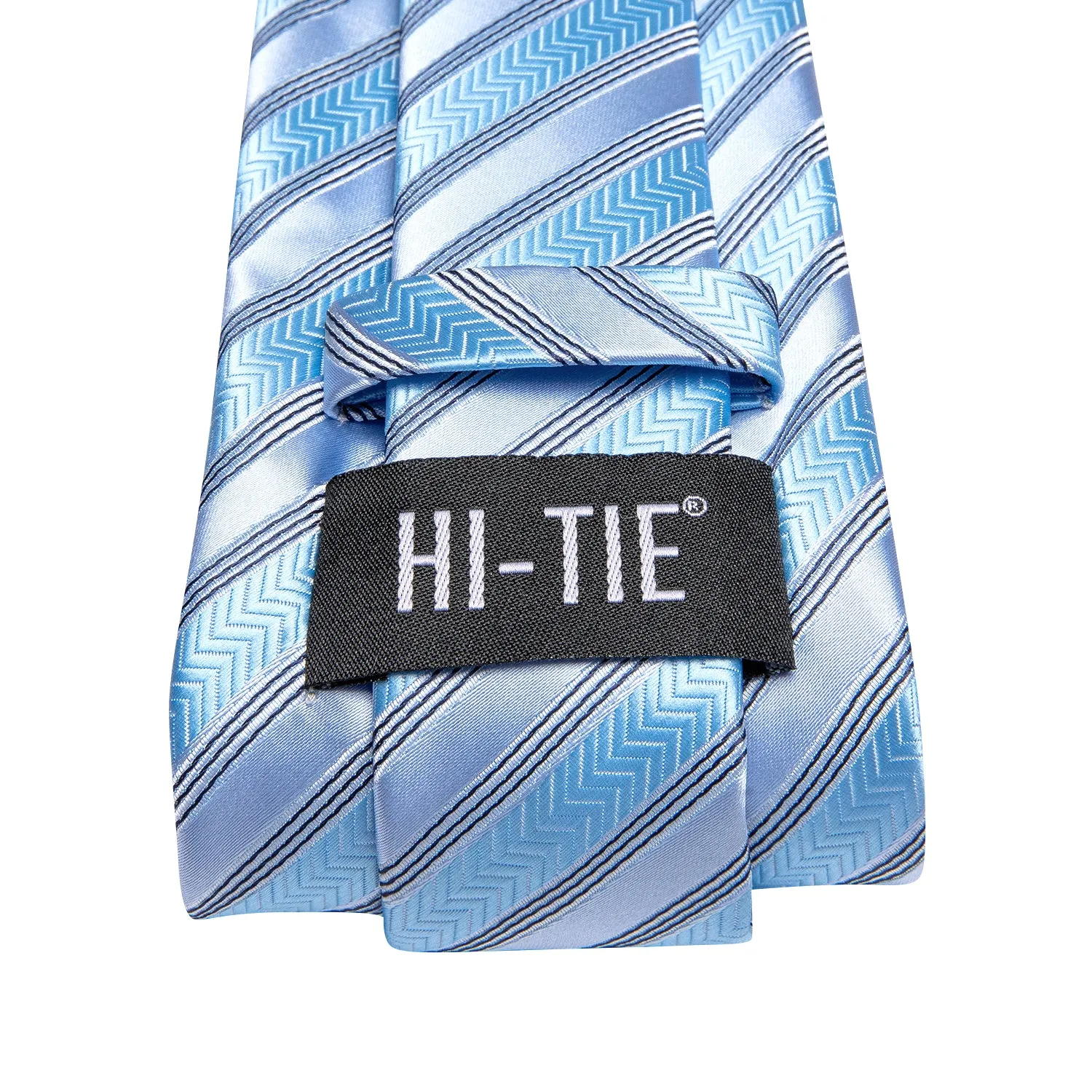Hi-Tie Blue Tie Light Gray Stripes Necktie Pocket Square Cufflinks Set