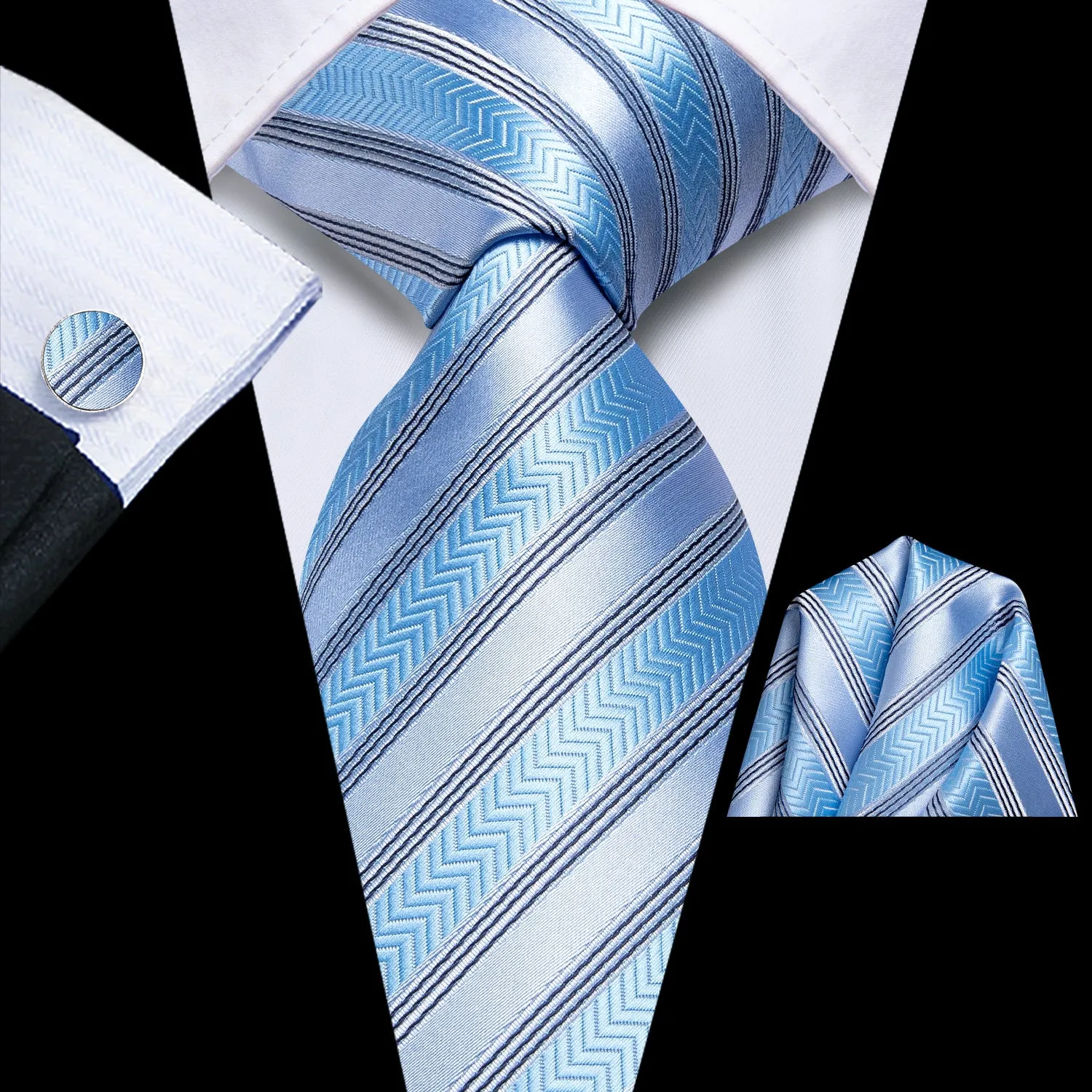 Hi-Tie Blue Tie Light Gray Stripes Necktie Pocket Square Cufflinks Set