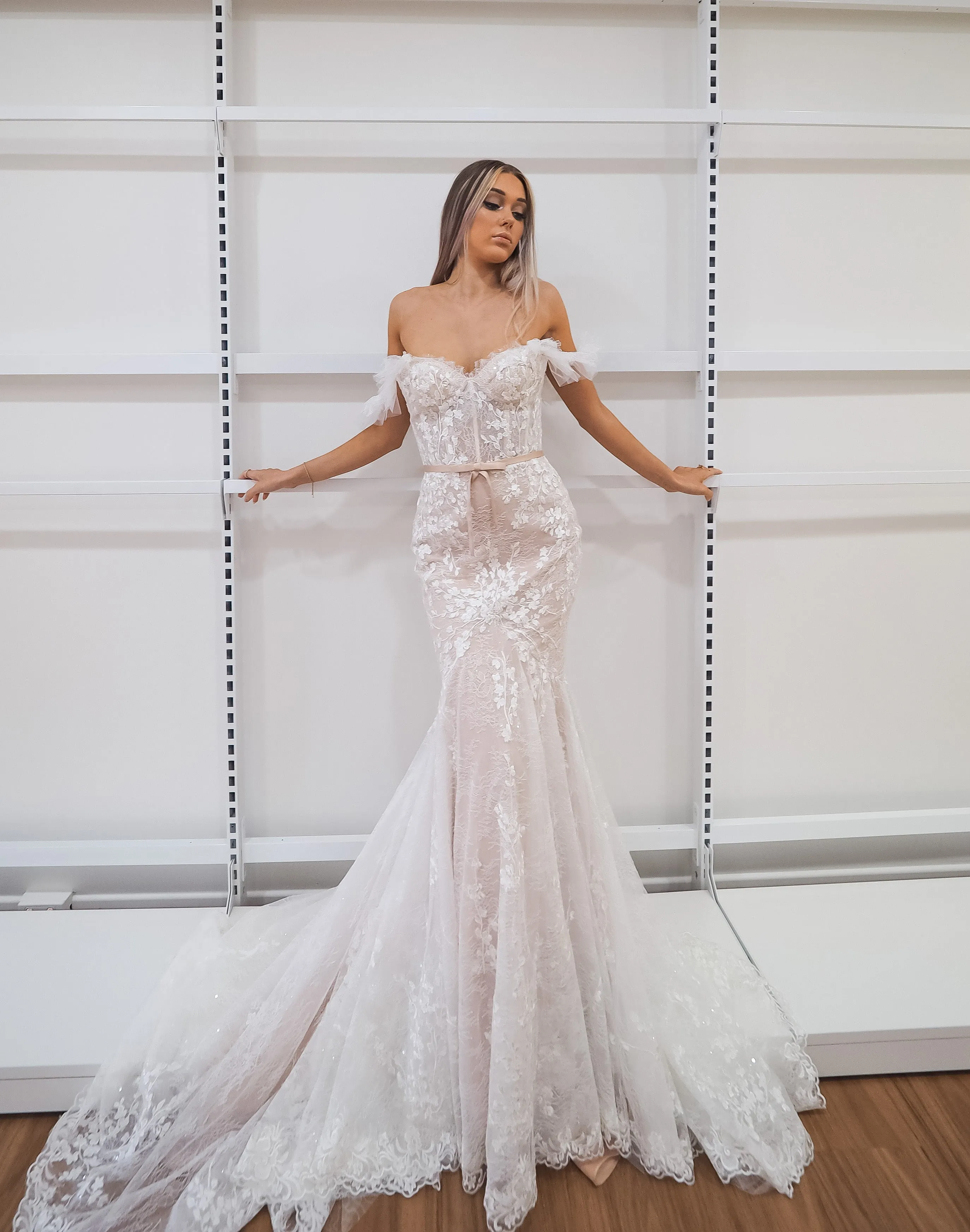 Hidden bustier cups blush mermaid dress with long train