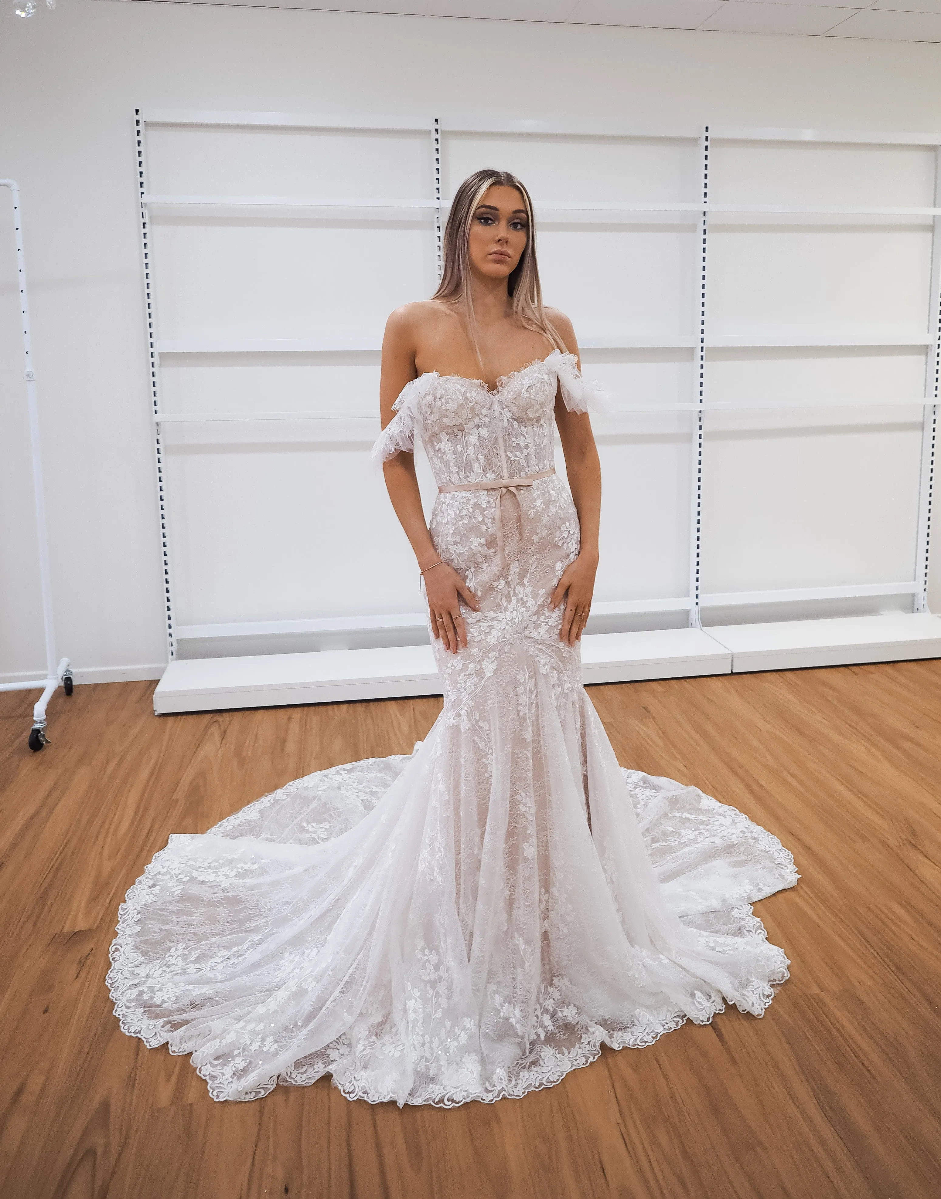Hidden bustier cups blush mermaid dress with long train