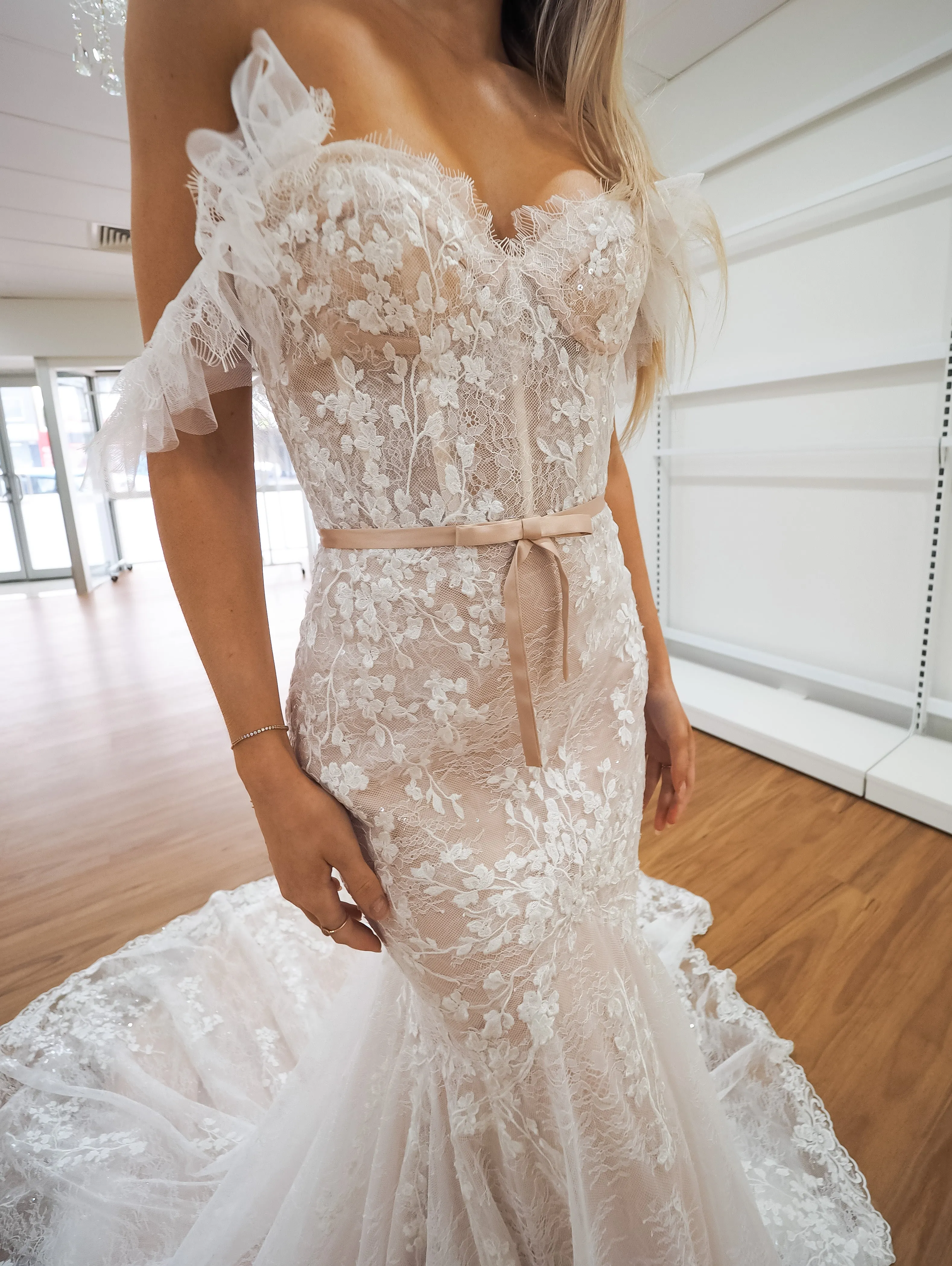Hidden bustier cups blush mermaid dress with long train