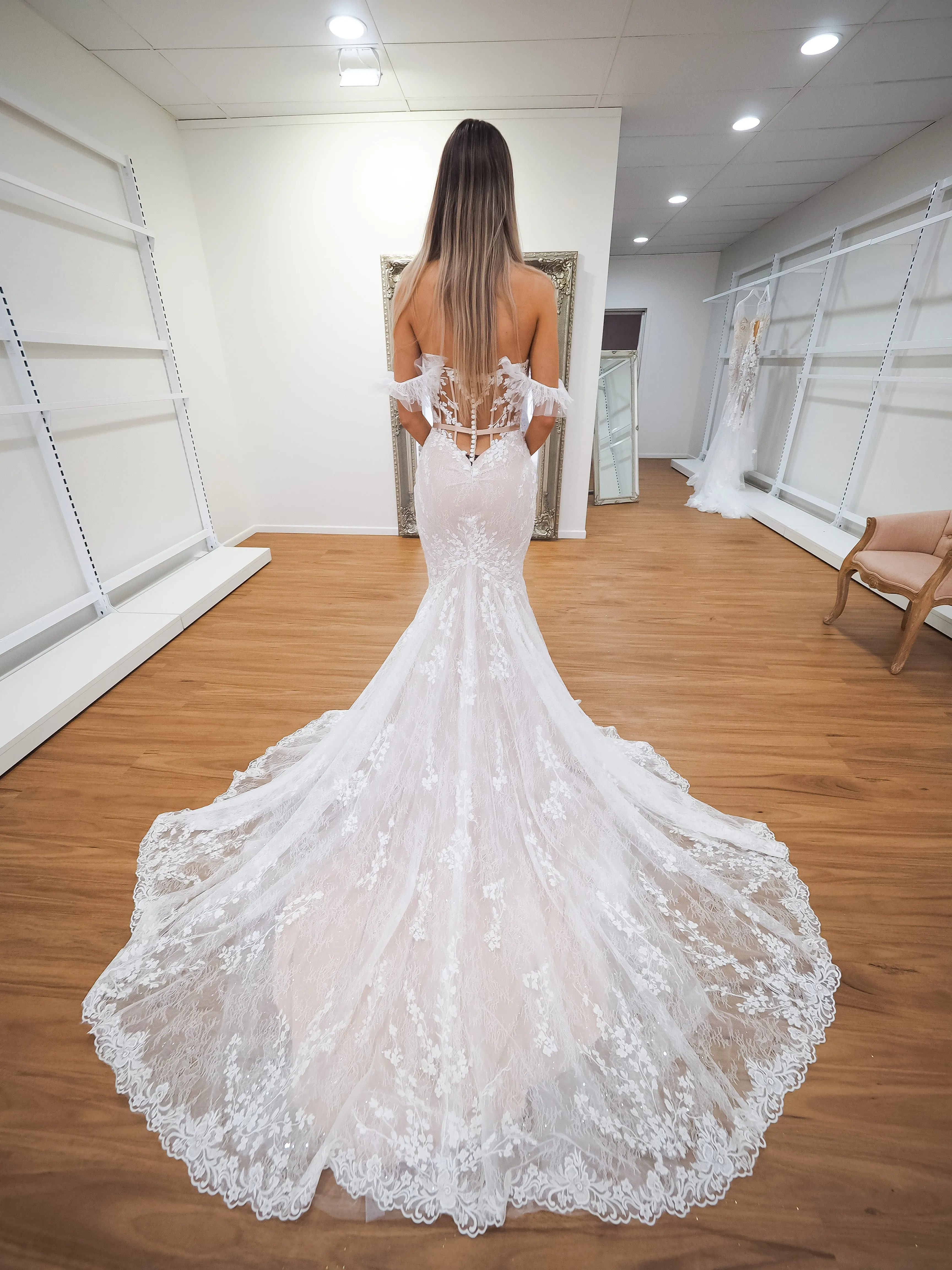 Hidden bustier cups blush mermaid dress with long train