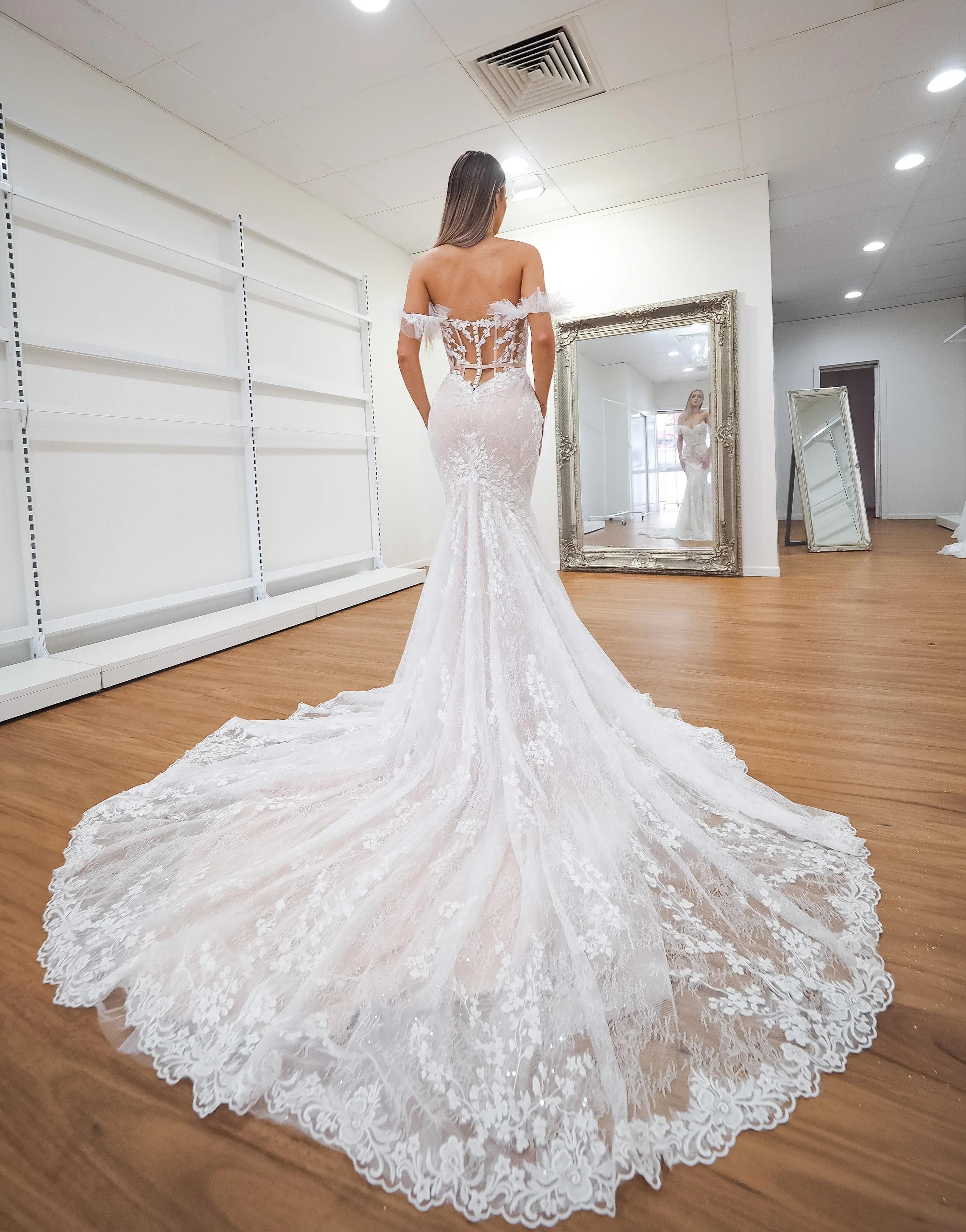 Hidden bustier cups blush mermaid dress with long train