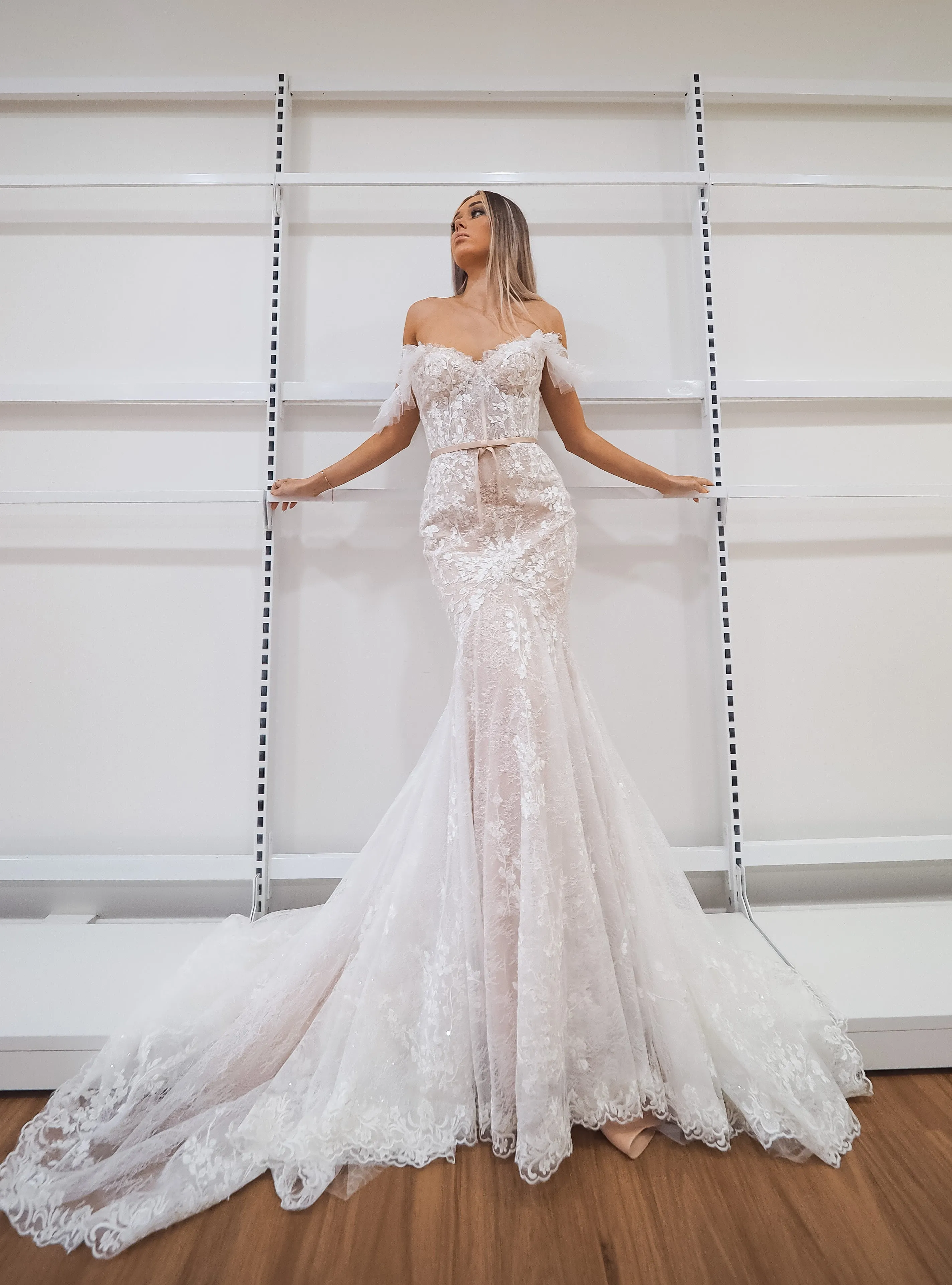 Hidden bustier cups blush mermaid dress with long train