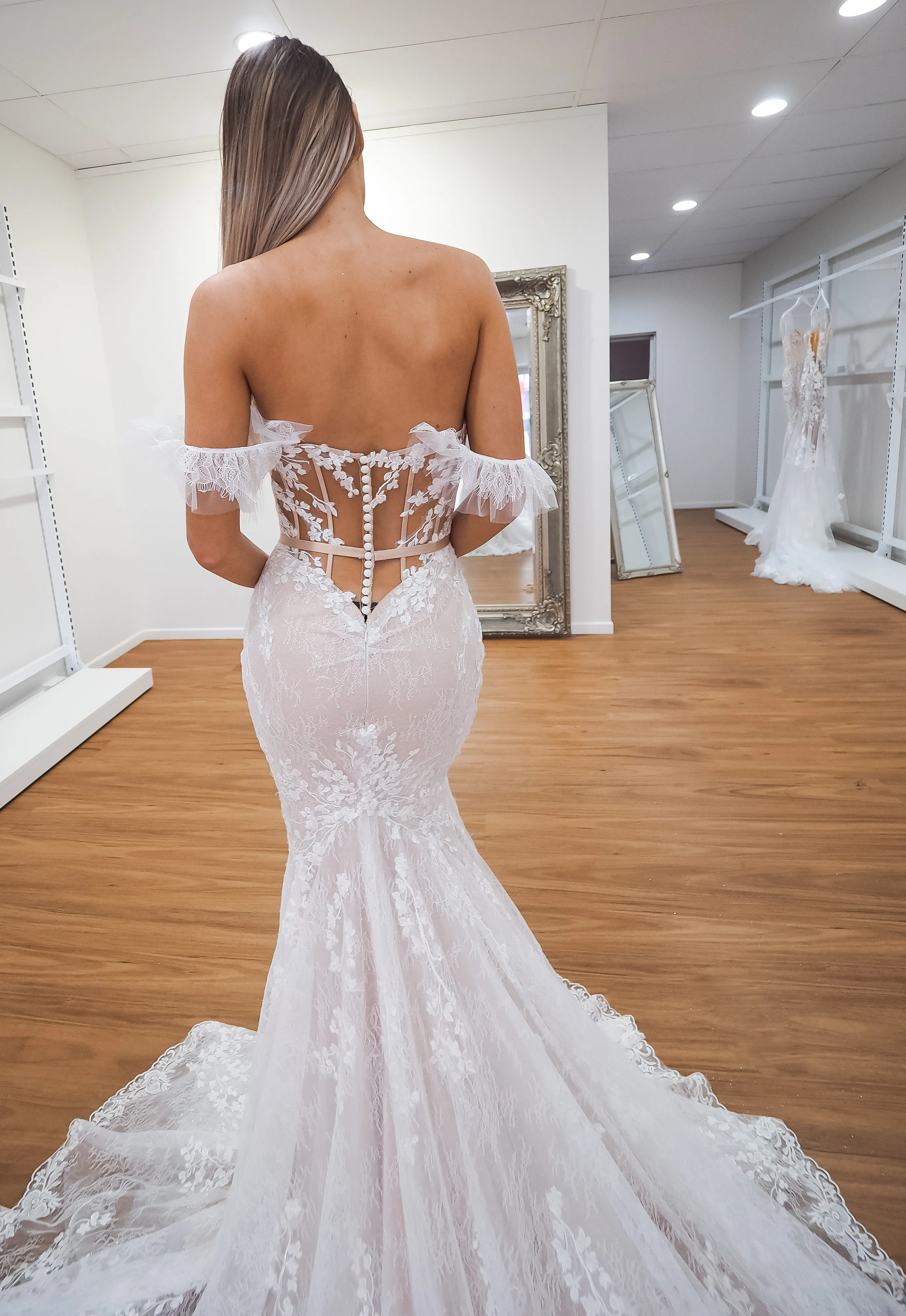 Hidden bustier cups blush mermaid dress with long train
