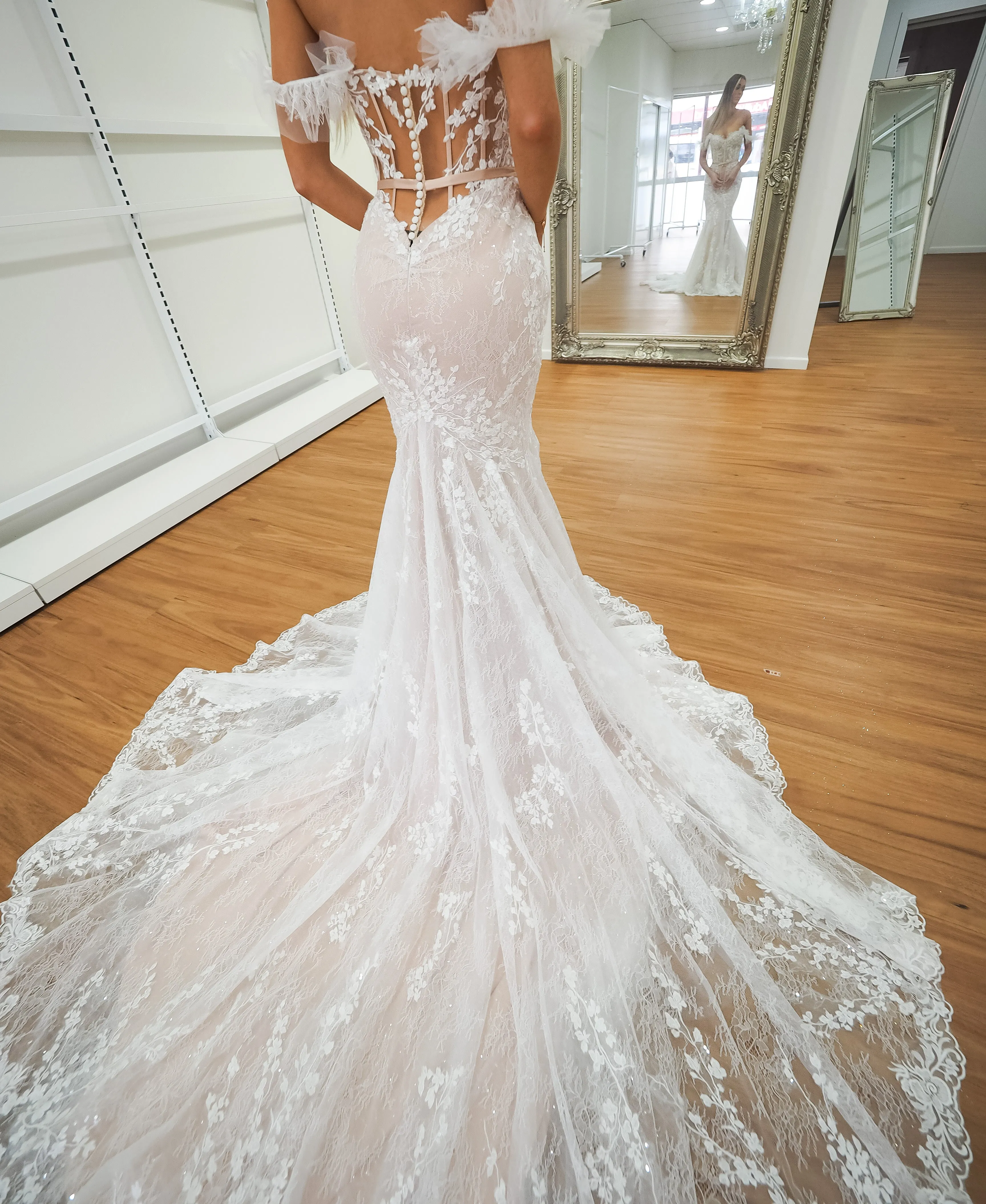 Hidden bustier cups blush mermaid dress with long train