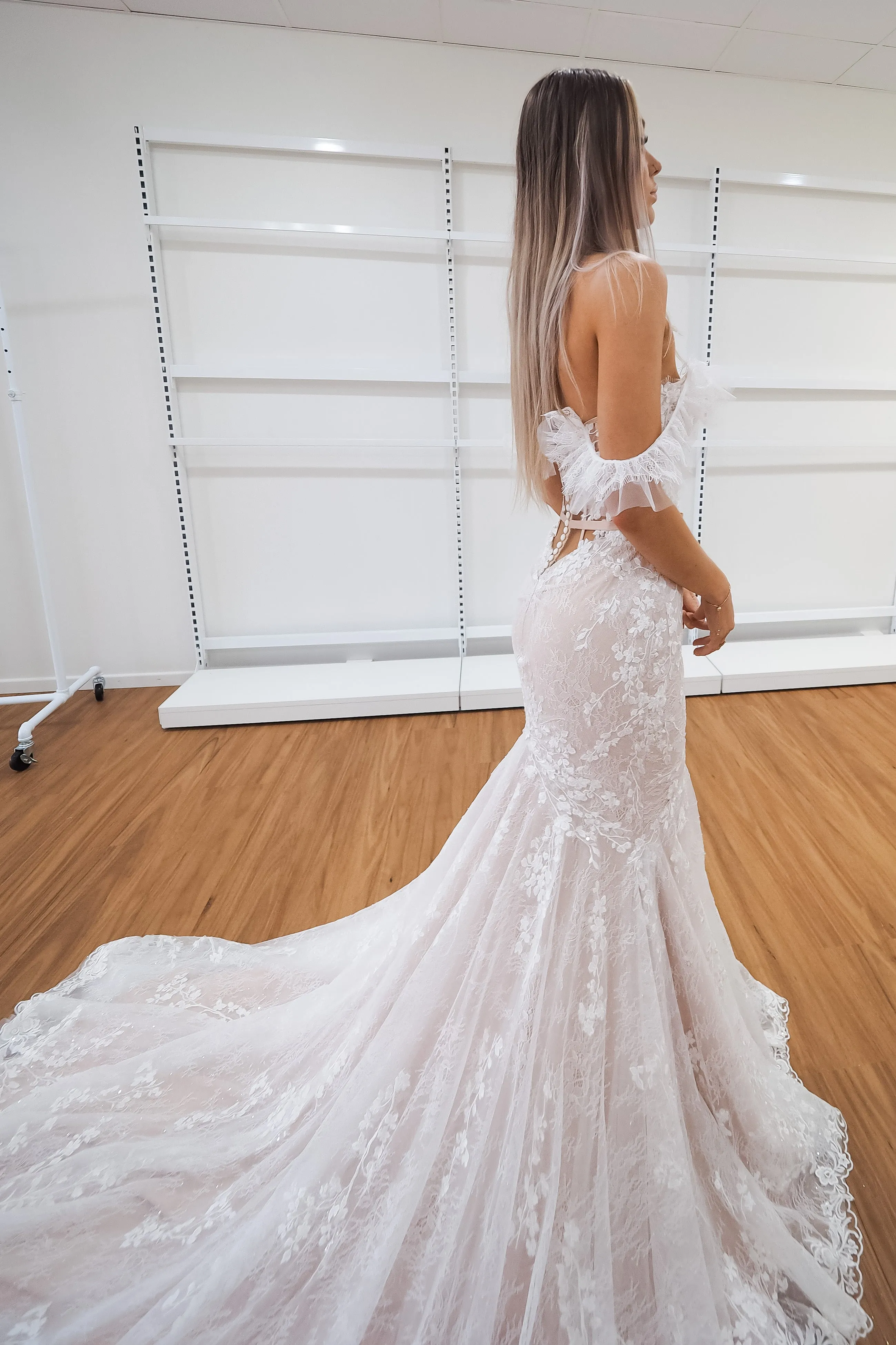 Hidden bustier cups blush mermaid dress with long train