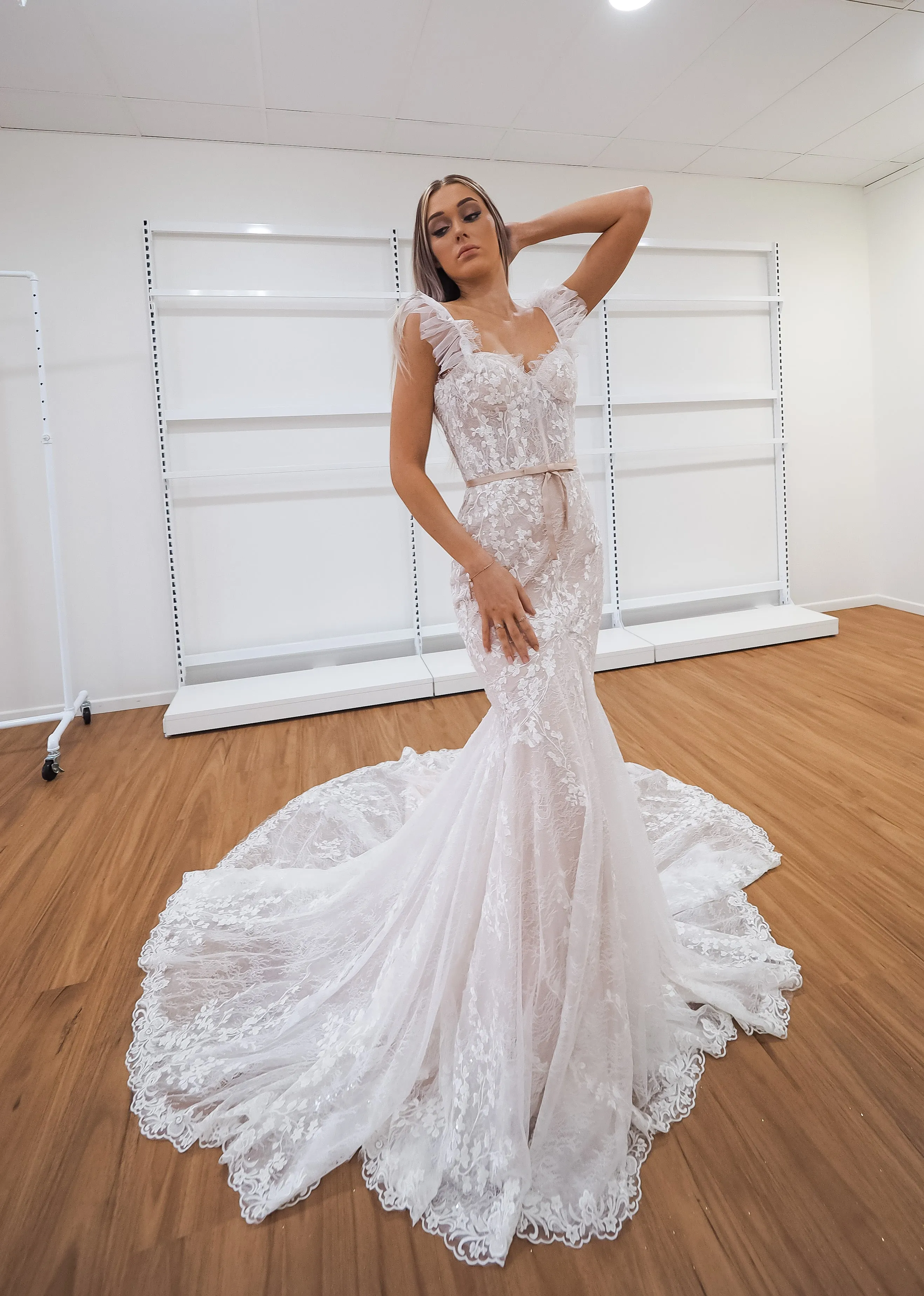 Hidden bustier cups blush mermaid dress with long train