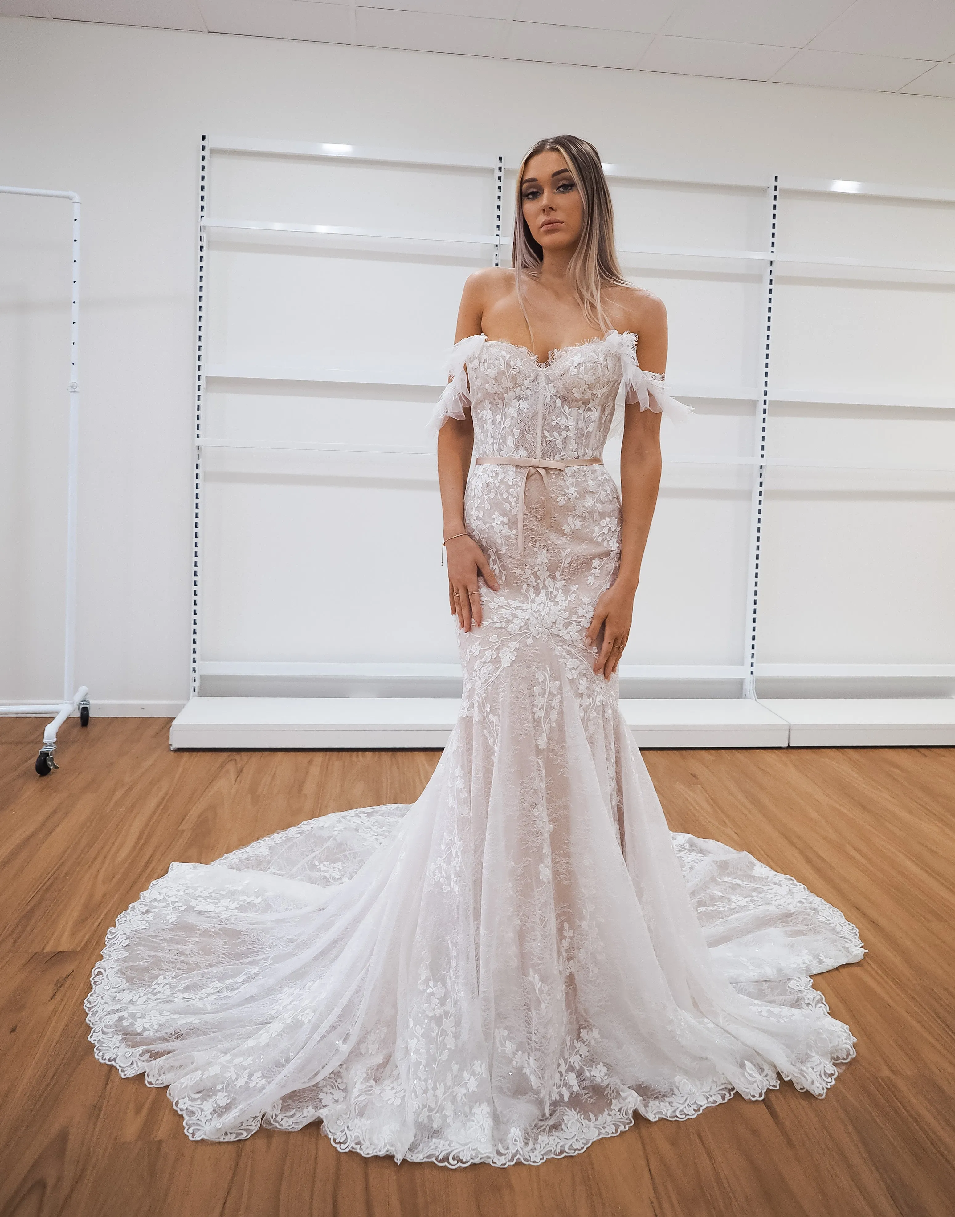 Hidden bustier cups blush mermaid dress with long train
