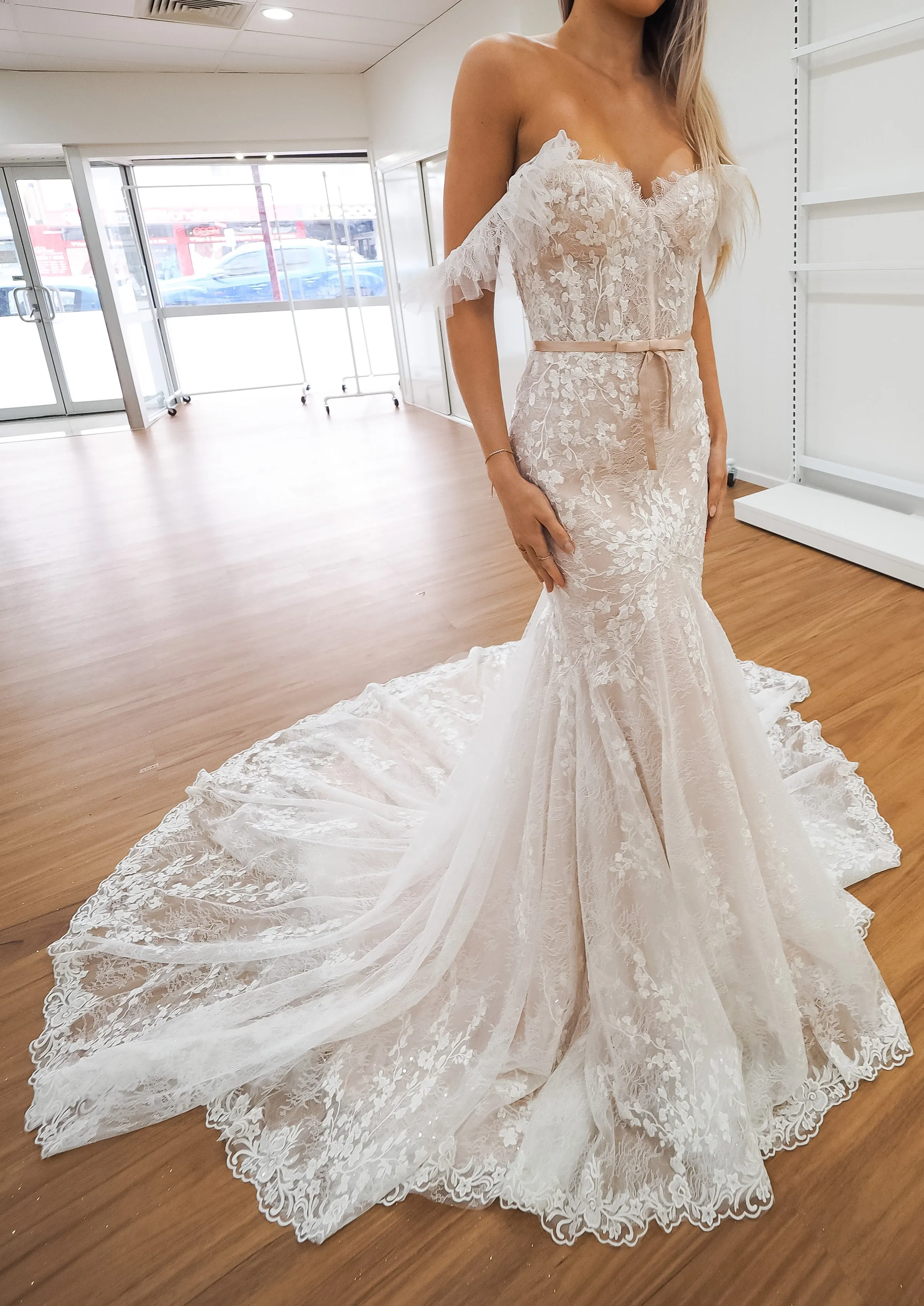 Hidden bustier cups blush mermaid dress with long train