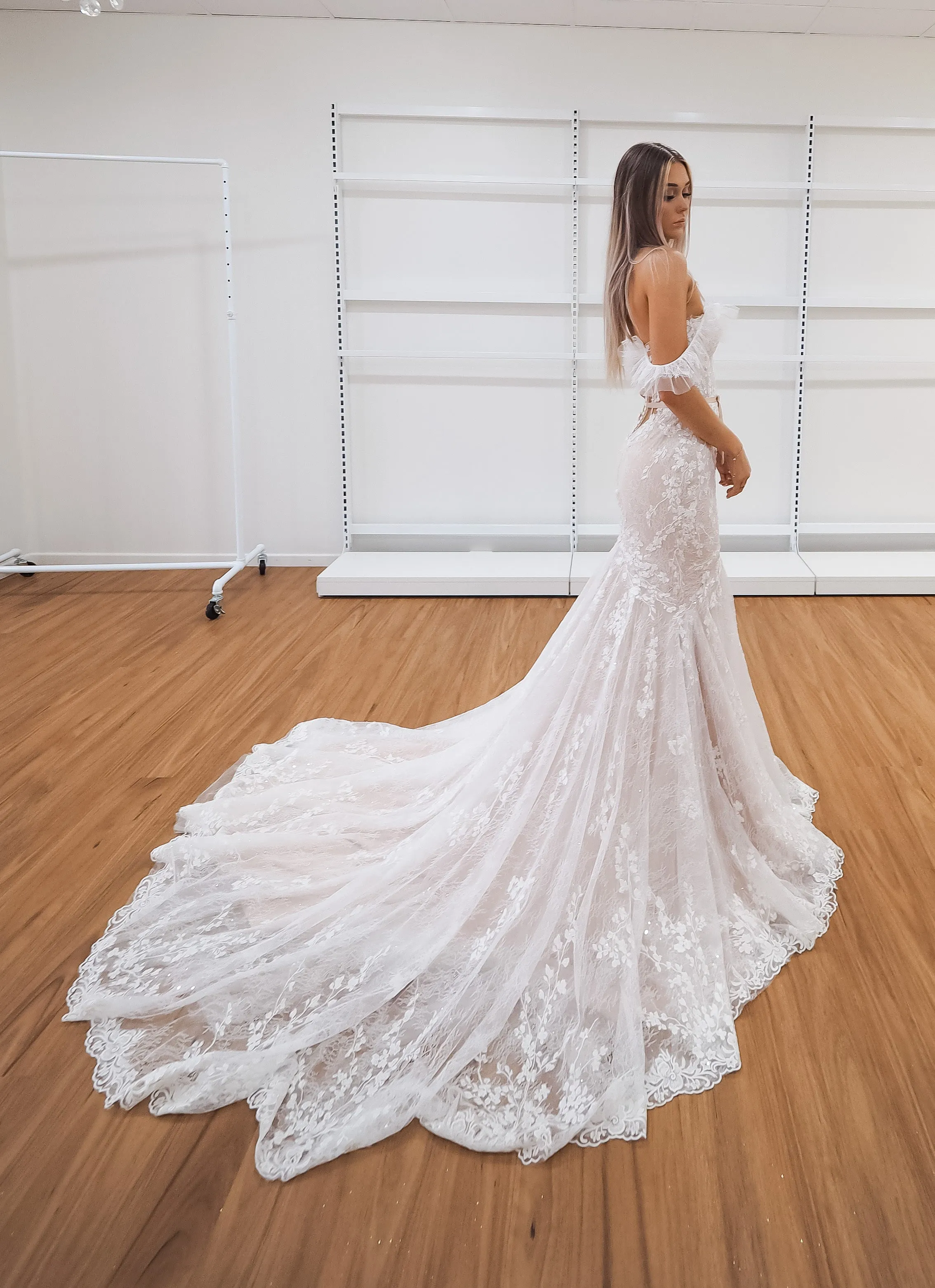 Hidden bustier cups blush mermaid dress with long train