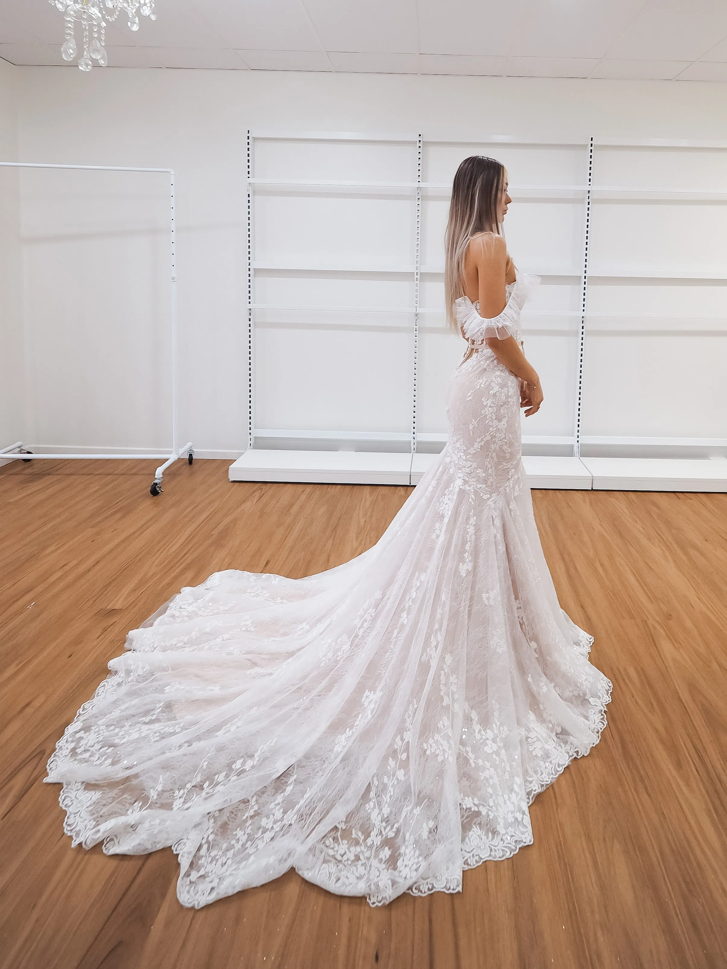 Hidden bustier cups blush mermaid dress with long train
