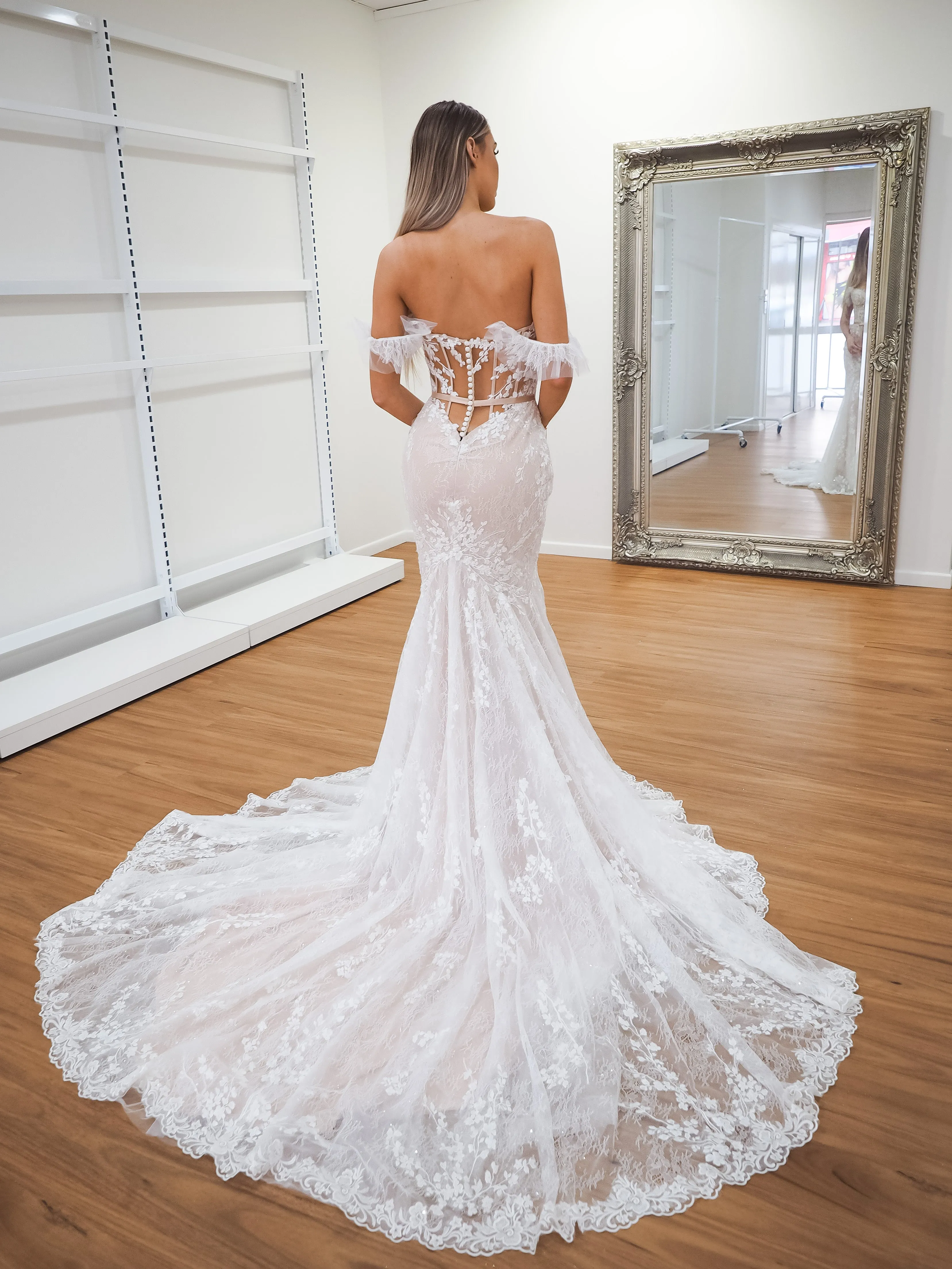 Hidden bustier cups blush mermaid dress with long train