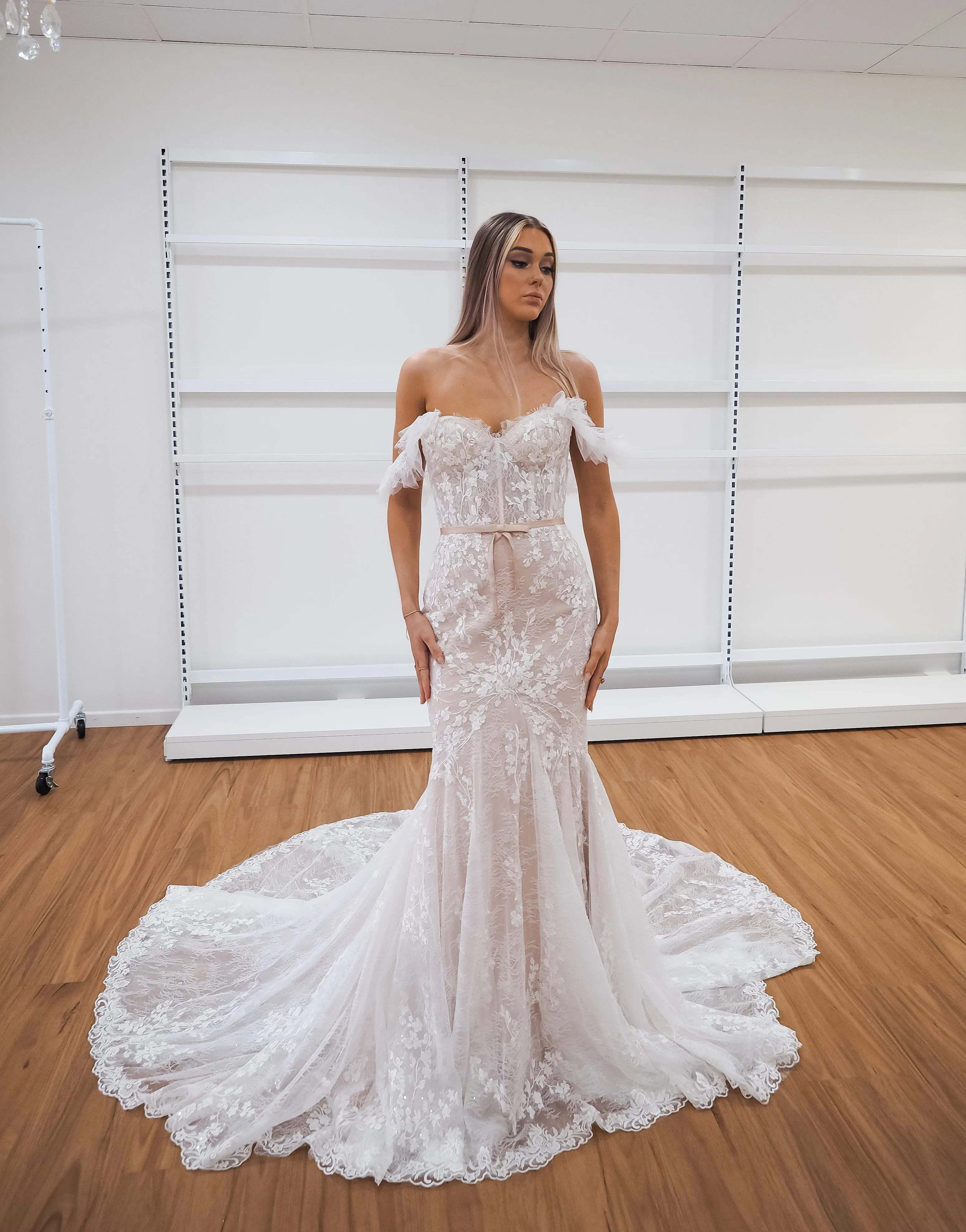 Hidden bustier cups blush mermaid dress with long train