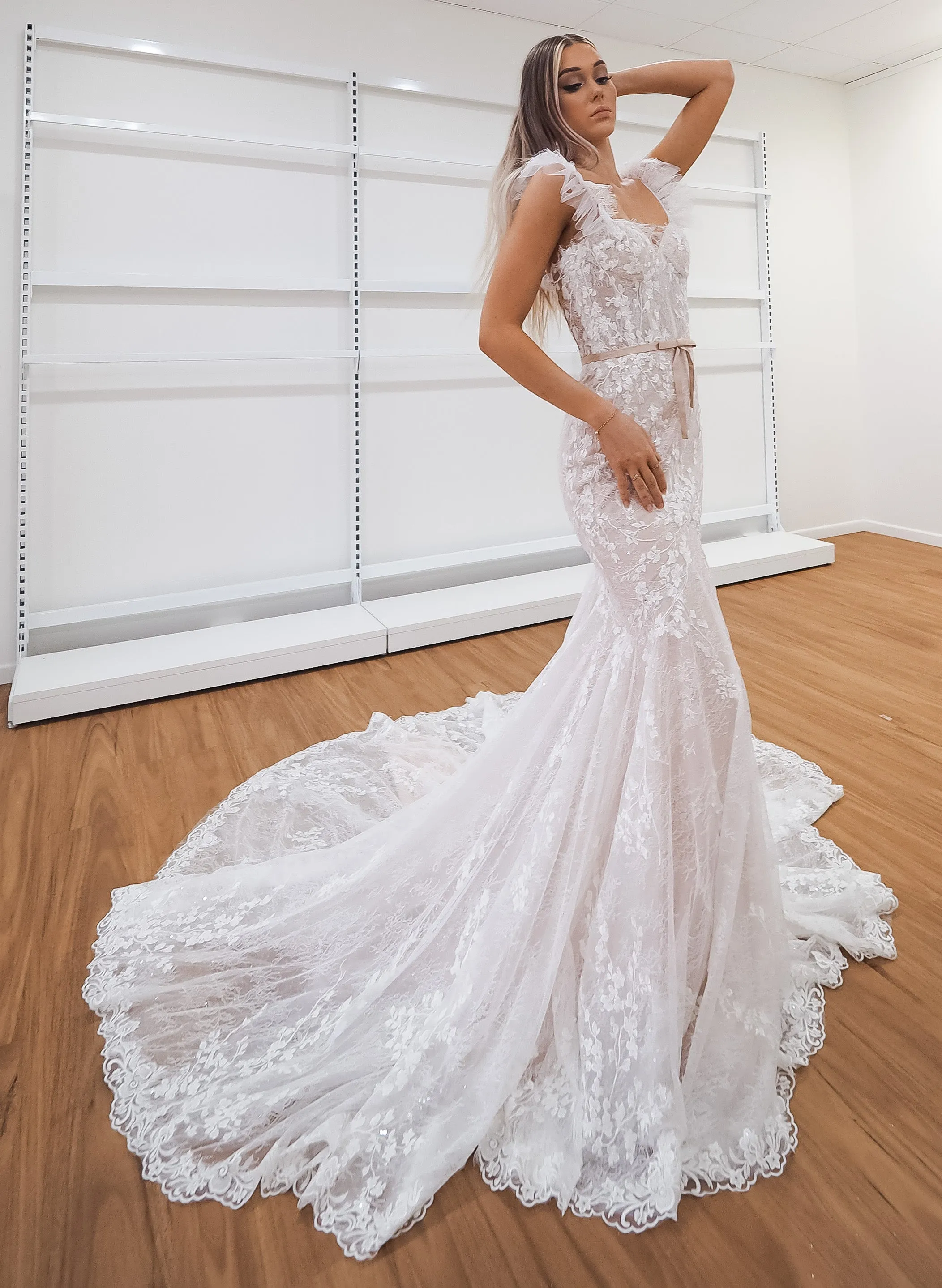 Hidden bustier cups blush mermaid dress with long train