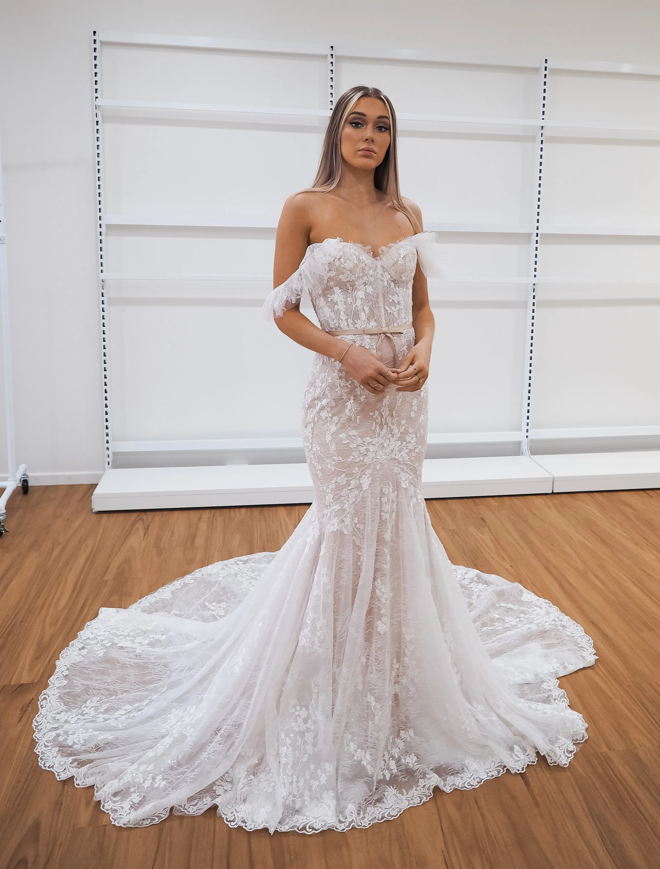 Hidden bustier cups blush mermaid dress with long train