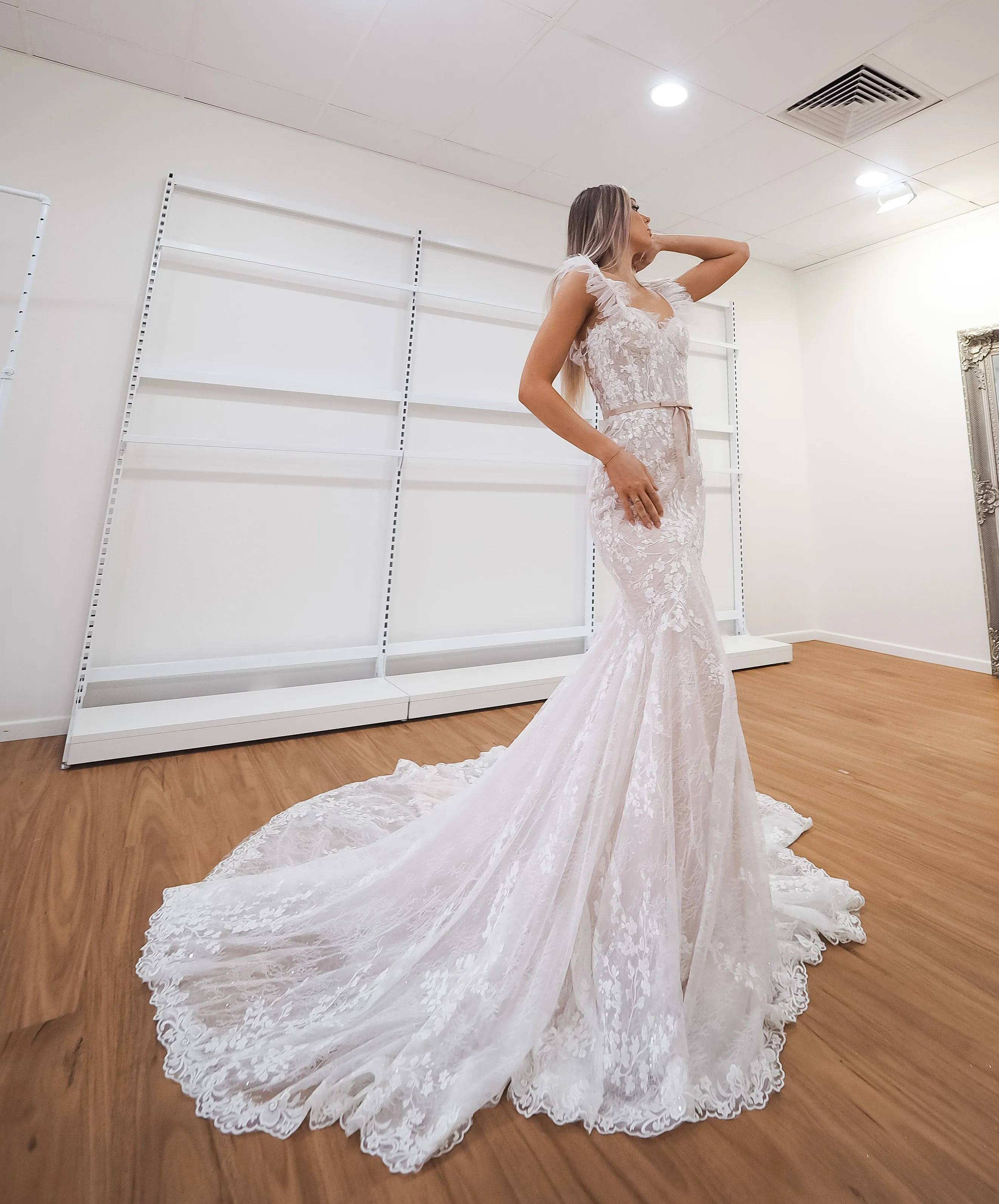 Hidden bustier cups blush mermaid dress with long train