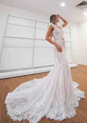 Hidden bustier cups blush mermaid dress with long train