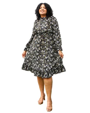 High Neck Ruffle Cuffs Floral Print Black Midi Dress | Black