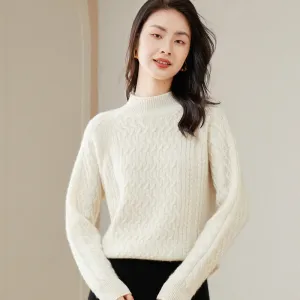 High Neck Thickened Twist Pattern Semi-high Round Neck  Raglan Sleeve Cashmere Sweater