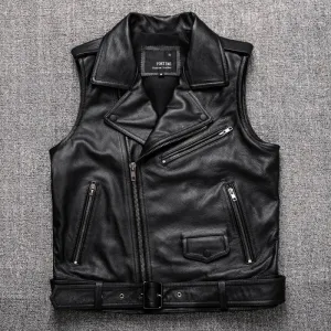 High Quality Cowhide Black Motorcycle Biker Leather Vest Men Genuine Leather Oblique Zipper
