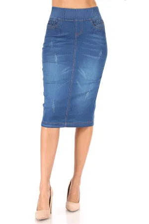 High Waisted Shaping Pullon Stretch Denim Calflength Skirt (77907-SKT)
