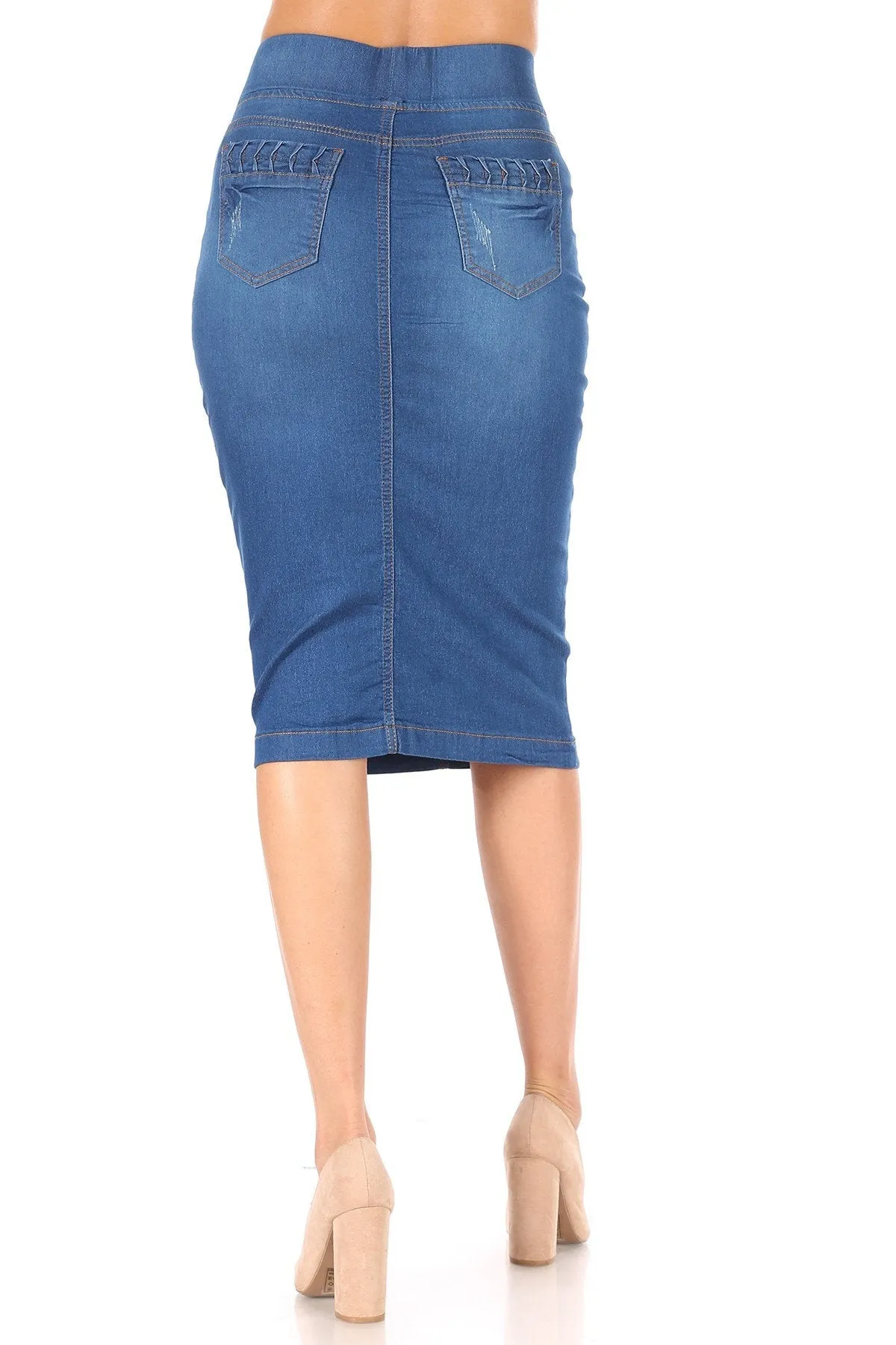 High Waisted Shaping Pullon Stretch Denim Calflength Skirt (77907-SKT)