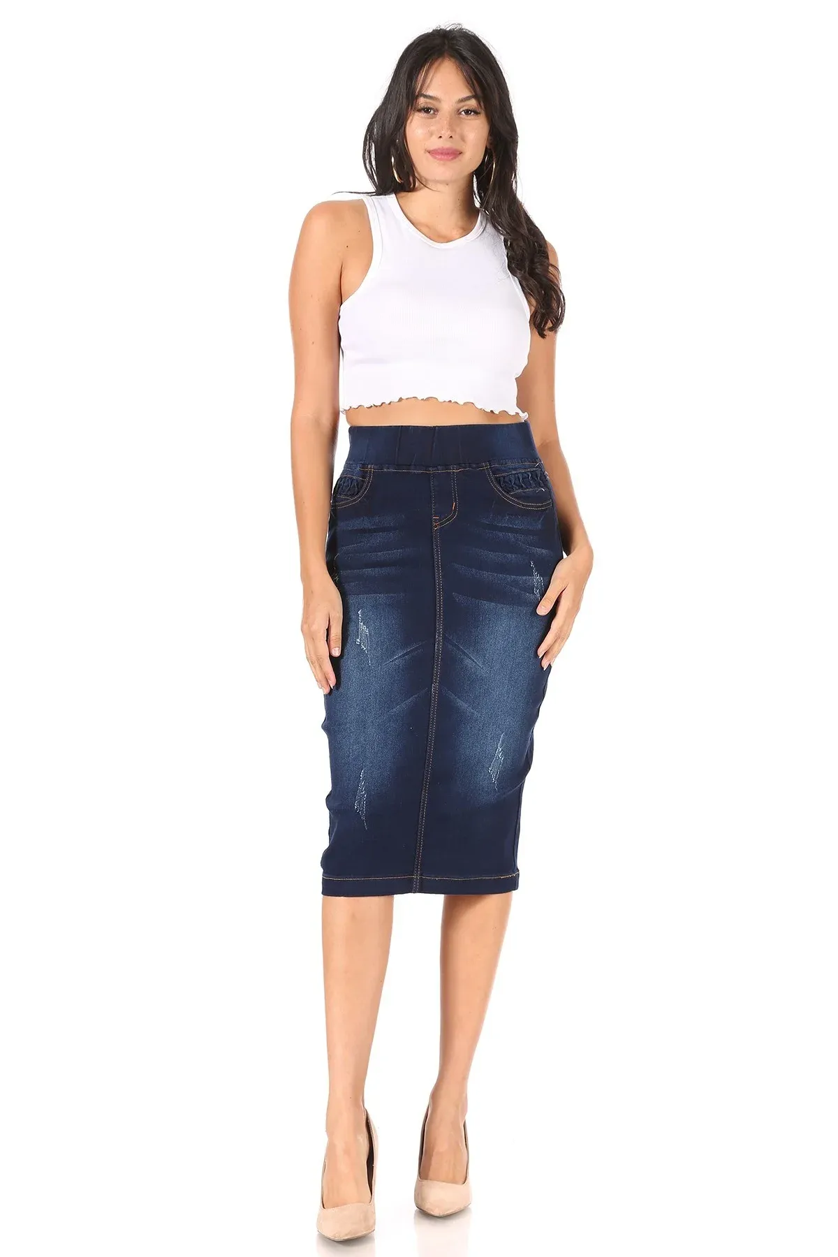 High Waisted Shaping Pullon Stretch Denim Calflength Skirt (77907-SKT)