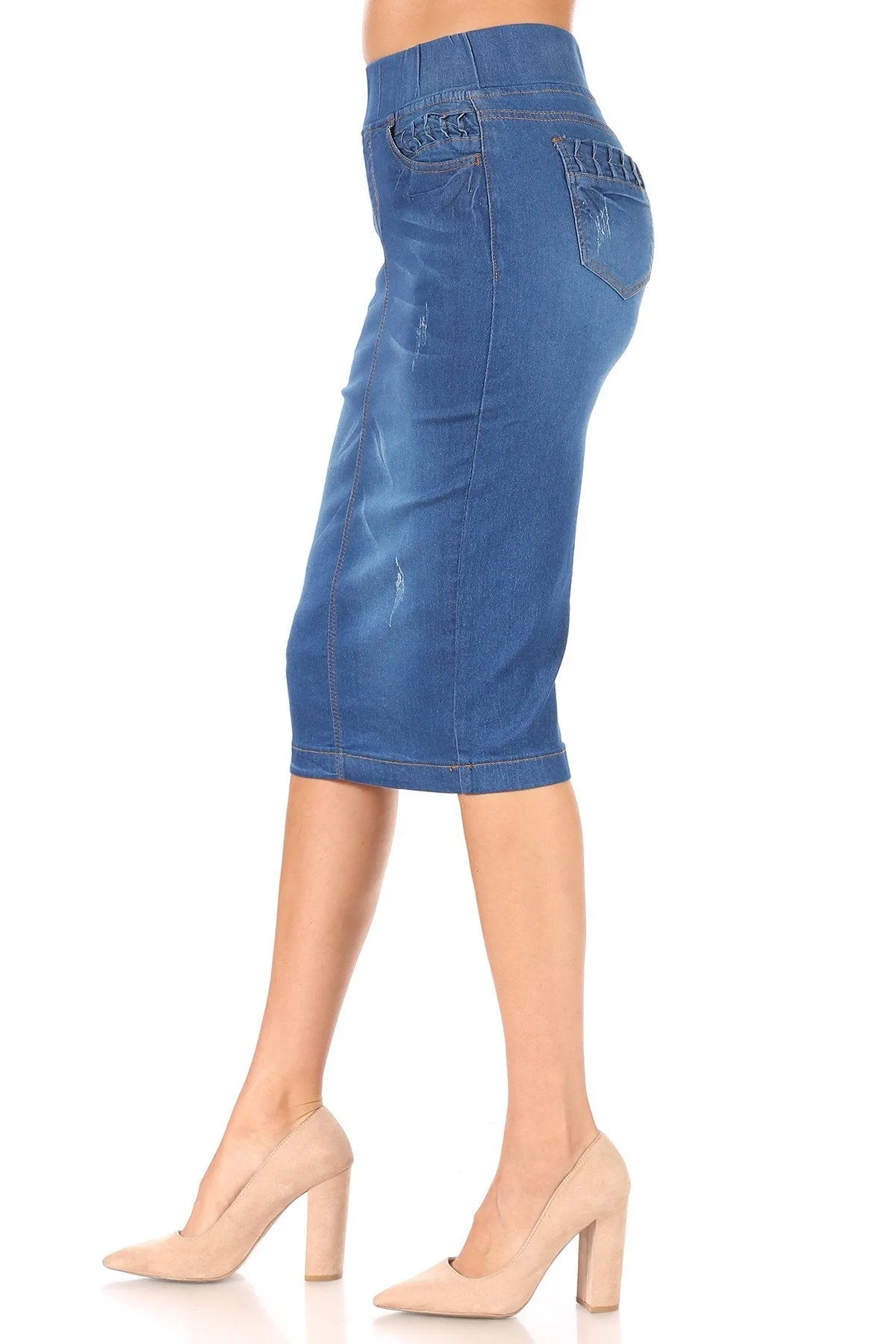 High Waisted Shaping Pullon Stretch Denim Calflength Skirt (77907-SKT)