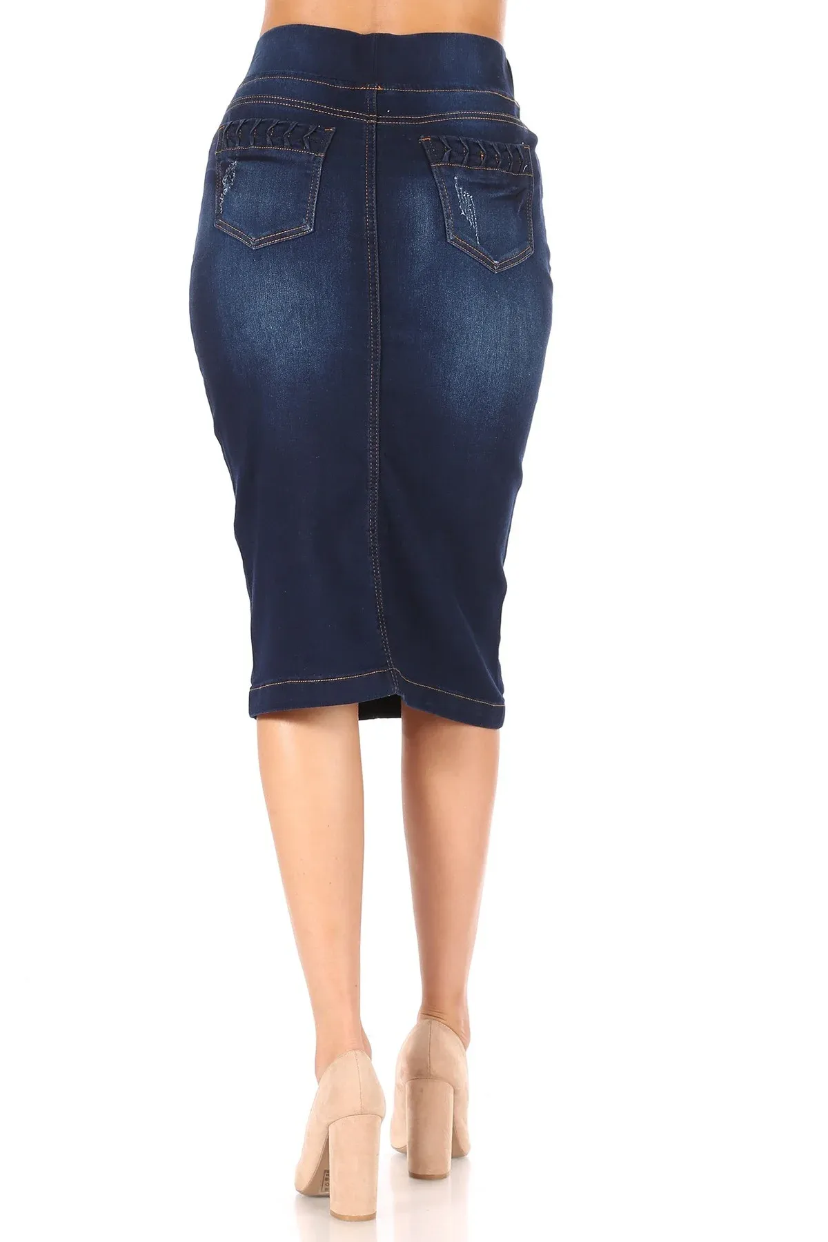 High Waisted Shaping Pullon Stretch Denim Calflength Skirt (77907-SKT)