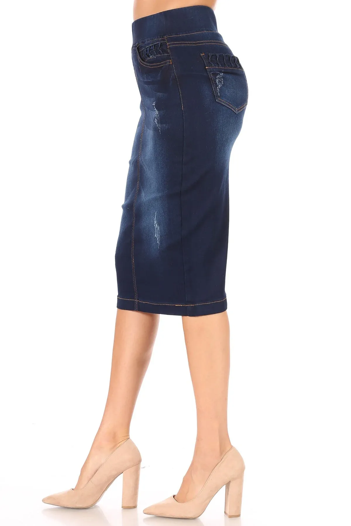 High Waisted Shaping Pullon Stretch Denim Calflength Skirt (77907-SKT)