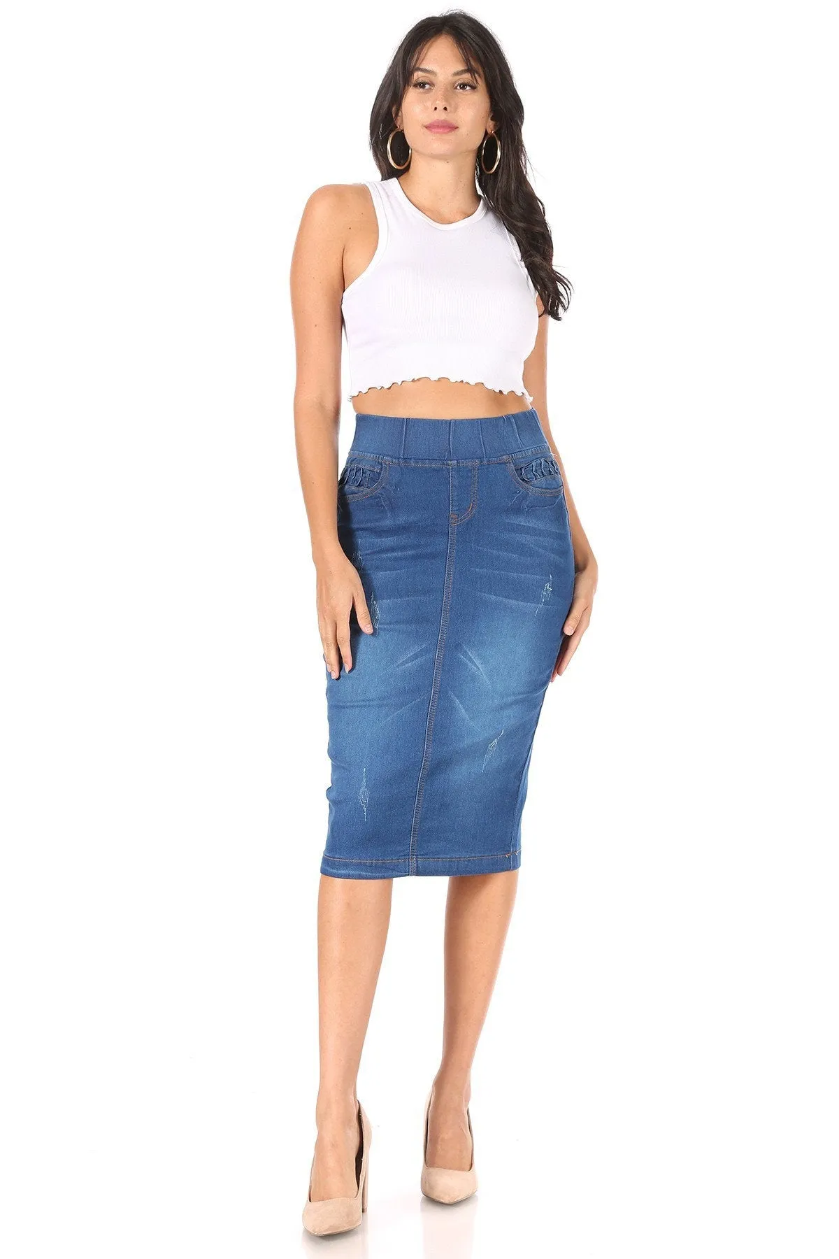 High Waisted Shaping Pullon Stretch Denim Calflength Skirt (77907-SKT)