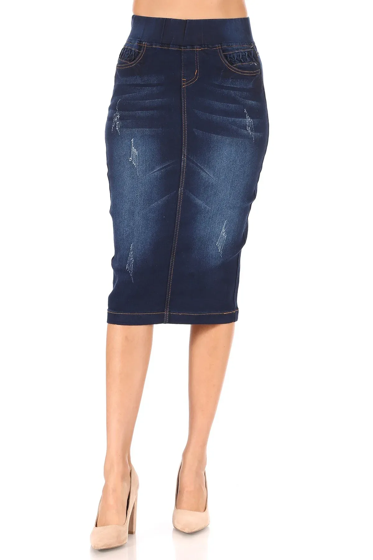 High Waisted Shaping Pullon Stretch Denim Calflength Skirt (77907-SKT)