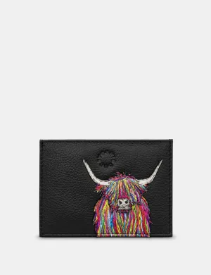 Highland Cow Black Leather Card Holder