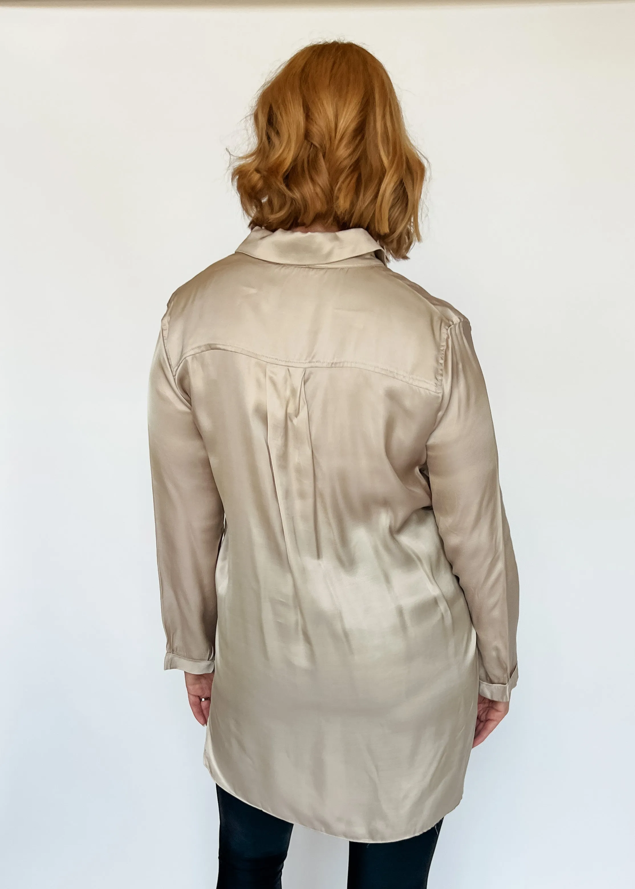 Highly Favored Long Satin Shirt - Champagne