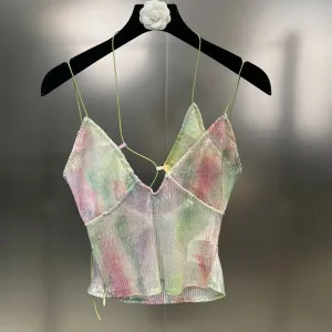 Hit Color Tank Top For Women V Neck Sleeveless Slimming Sexy Patchwork Lace Up Backless Vest Female Fashion Clothes