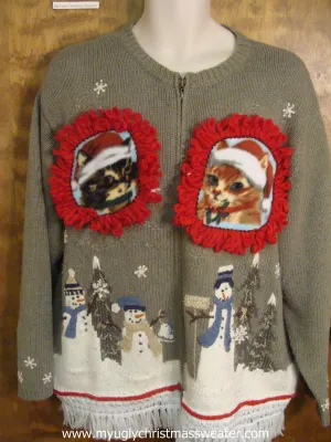 Holiday Snowmen Friends Ugly Christmas Cat Sweater