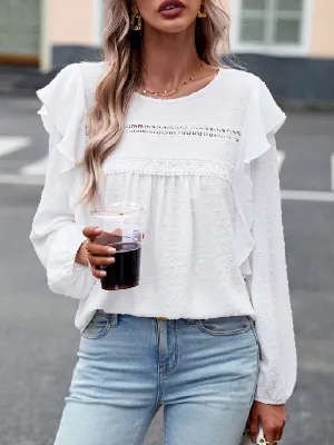 Hollow Jacquard Solid Color Split-Joint Loose Puff Sleeves Round-Neck T-Shirts