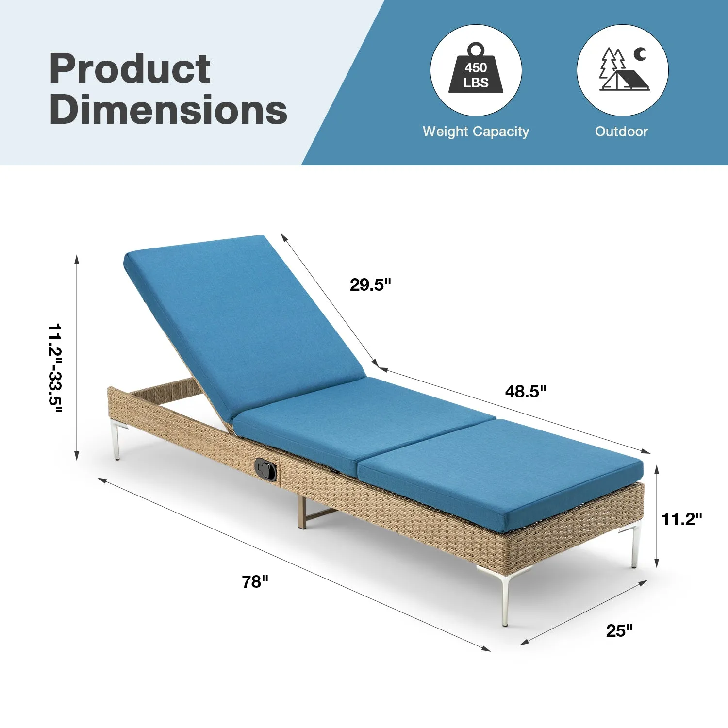 Homrest 2PCS Patio Rattan Chaise Lounge Chair Outdoor Wicker Recliner Thickened Cushion Stepless Adjustable with Gas Cylinder  (Blue)