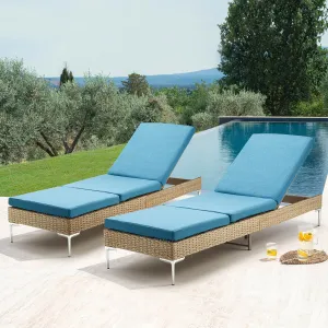 Homrest 2PCS Patio Rattan Chaise Lounge Chair Outdoor Wicker Recliner Thickened Cushion Stepless Adjustable with Gas Cylinder  (Blue)