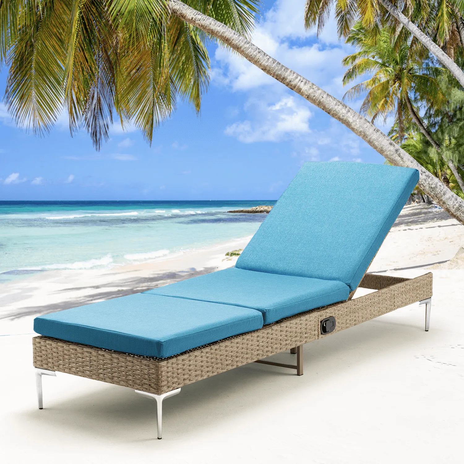 Homrest 2PCS Patio Rattan Chaise Lounge Chair Outdoor Wicker Recliner Thickened Cushion Stepless Adjustable with Gas Cylinder  (Blue)