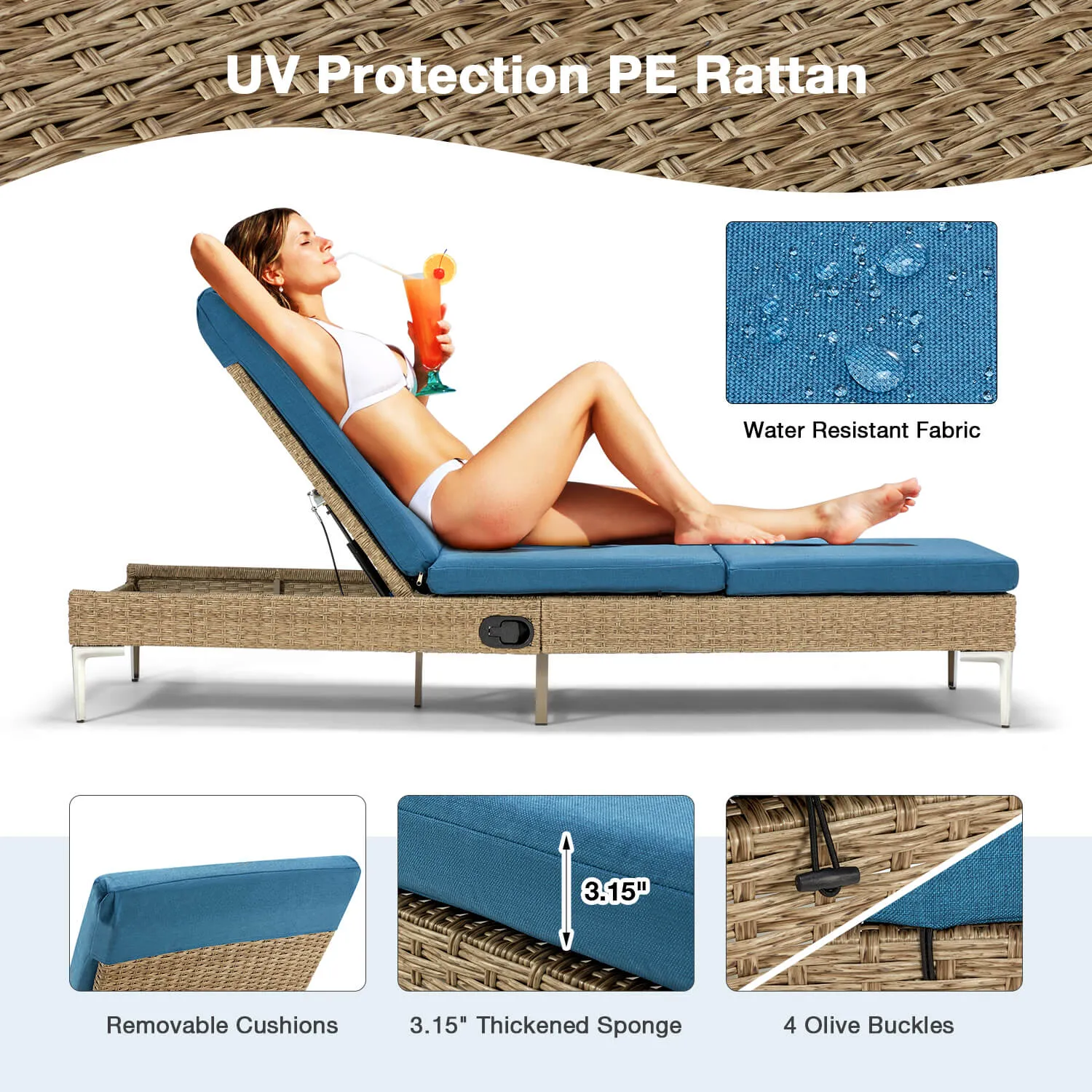 Homrest 2PCS Patio Rattan Chaise Lounge Chair Outdoor Wicker Recliner Thickened Cushion Stepless Adjustable with Gas Cylinder  (Blue)