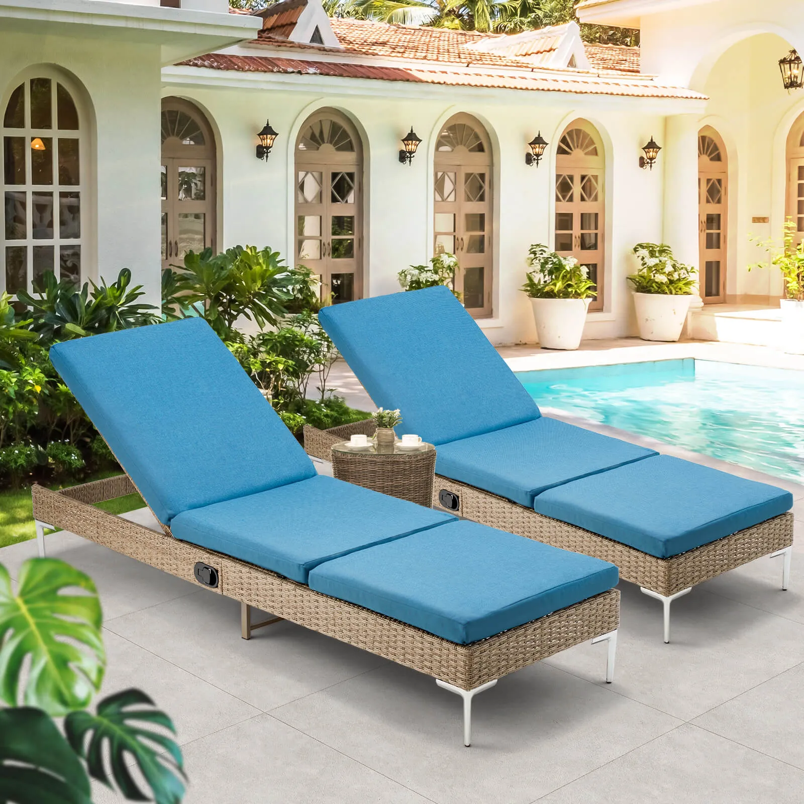Homrest 2PCS Patio Rattan Chaise Lounge Chair Outdoor Wicker Recliner Thickened Cushion Stepless Adjustable with Gas Cylinder  (Blue)