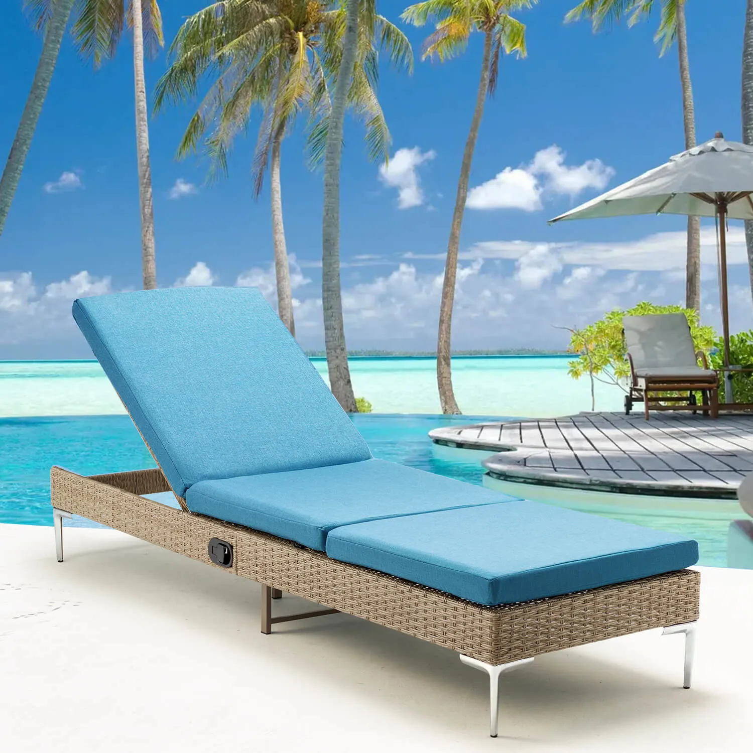Homrest 2PCS Patio Rattan Chaise Lounge Chair Outdoor Wicker Recliner Thickened Cushion Stepless Adjustable with Gas Cylinder  (Blue)