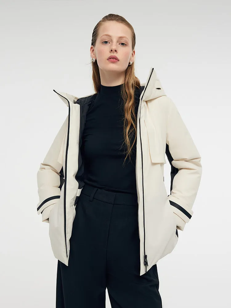Hooded Goose Down Ski Jacket With Belt