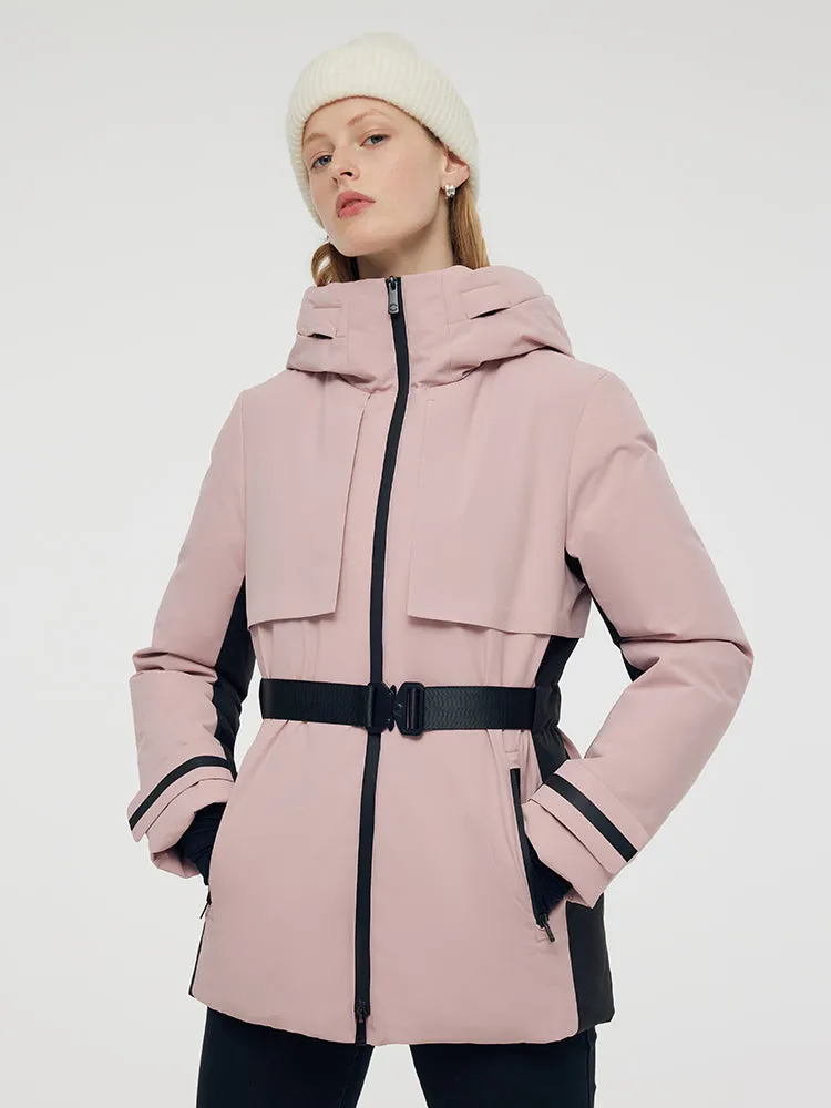 Hooded Goose Down Ski Jacket With Belt