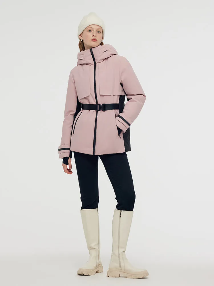 Hooded Goose Down Ski Jacket With Belt