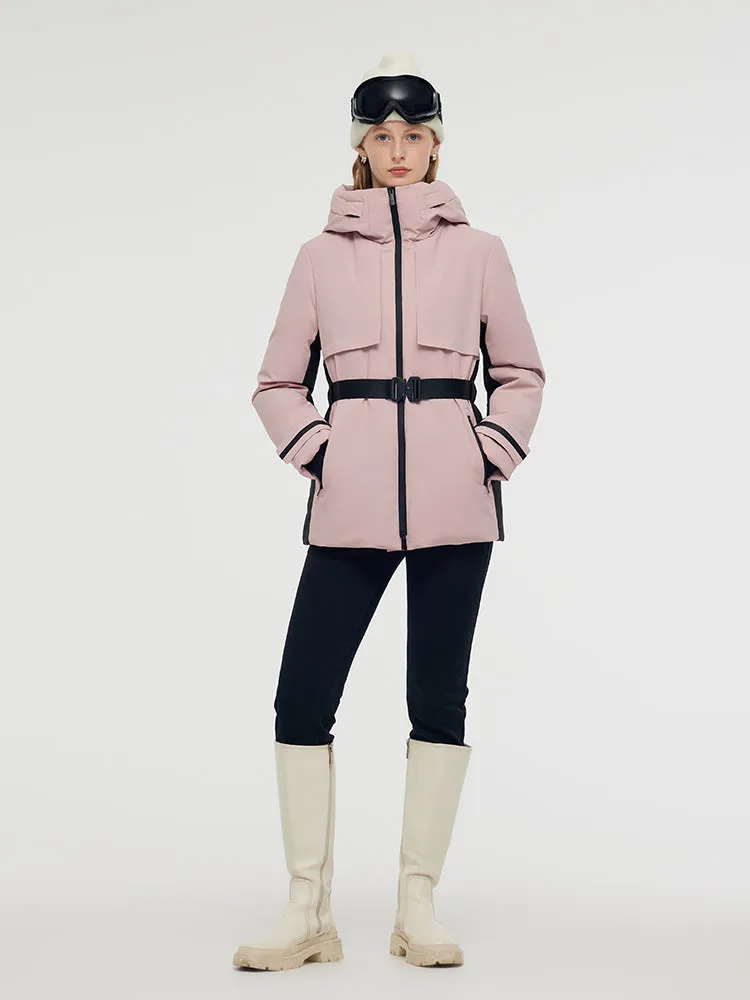 Hooded Goose Down Ski Jacket With Belt